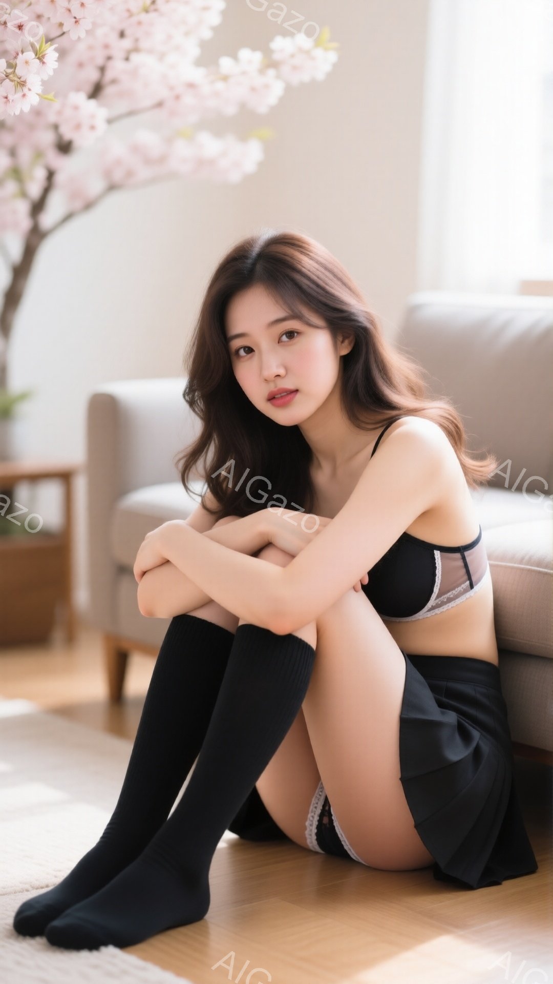長いダークブラウンの髪をした若い女性が床に座って膝を抱えています。黒いニーハイソックスと黒いスカート、黒いレースの付いた下着を身に着けています。背景には薄いピンク色の桜の枝と、明るい色のソファと木の床が見え、全体的に柔らかく暖かな雰囲気です。