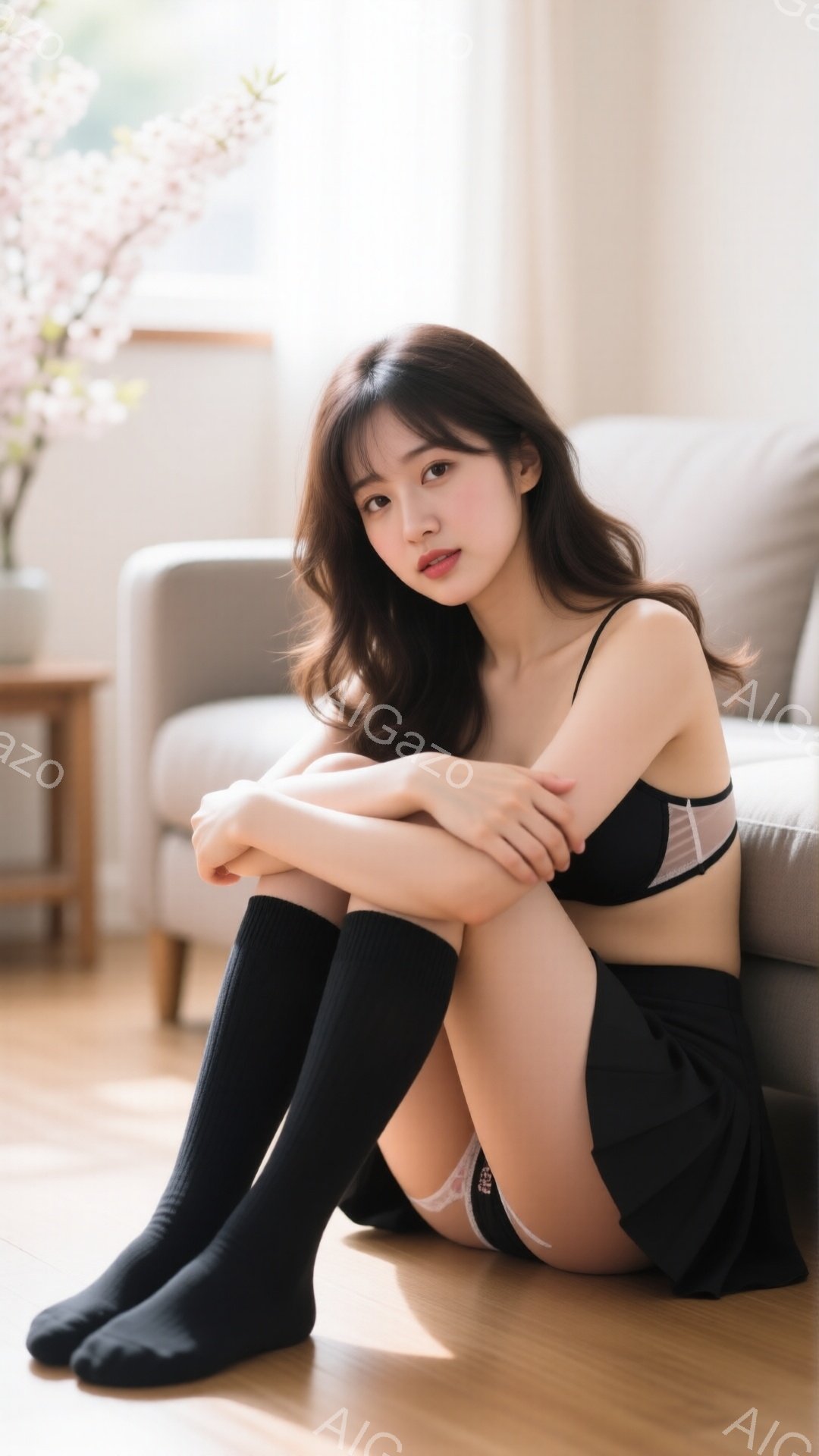 長いダークブラウンの髪を持つ若い女性が、フローリングの床に座って膝を抱えています。黒いニーハイソックスと黒いスカート、黒いブラレットを着ており、少し憂いを帯びた表情をしています。背景には、ベージュのソ - AI生成フリー素材