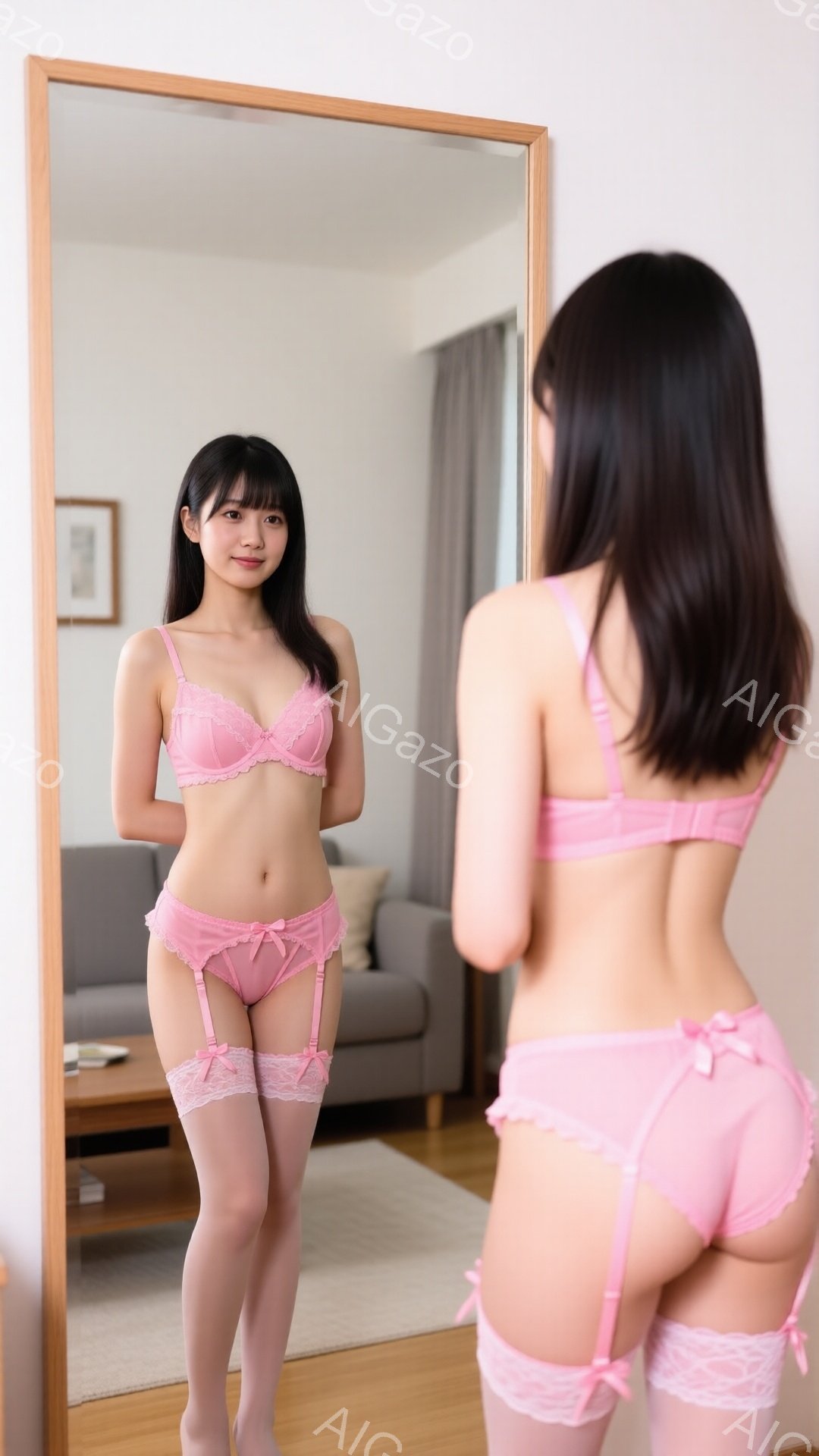 長い黒髪の女性がピンク色の下着姿で鏡の前に立っています。彼女は微笑んでおり、姿勢はまっすぐで自信に満ちています。背景にはリビングルームがあり、ソファやローテーブルが見え、全体的に柔らかく暖かい雰囲気で - AI生成フリー素材