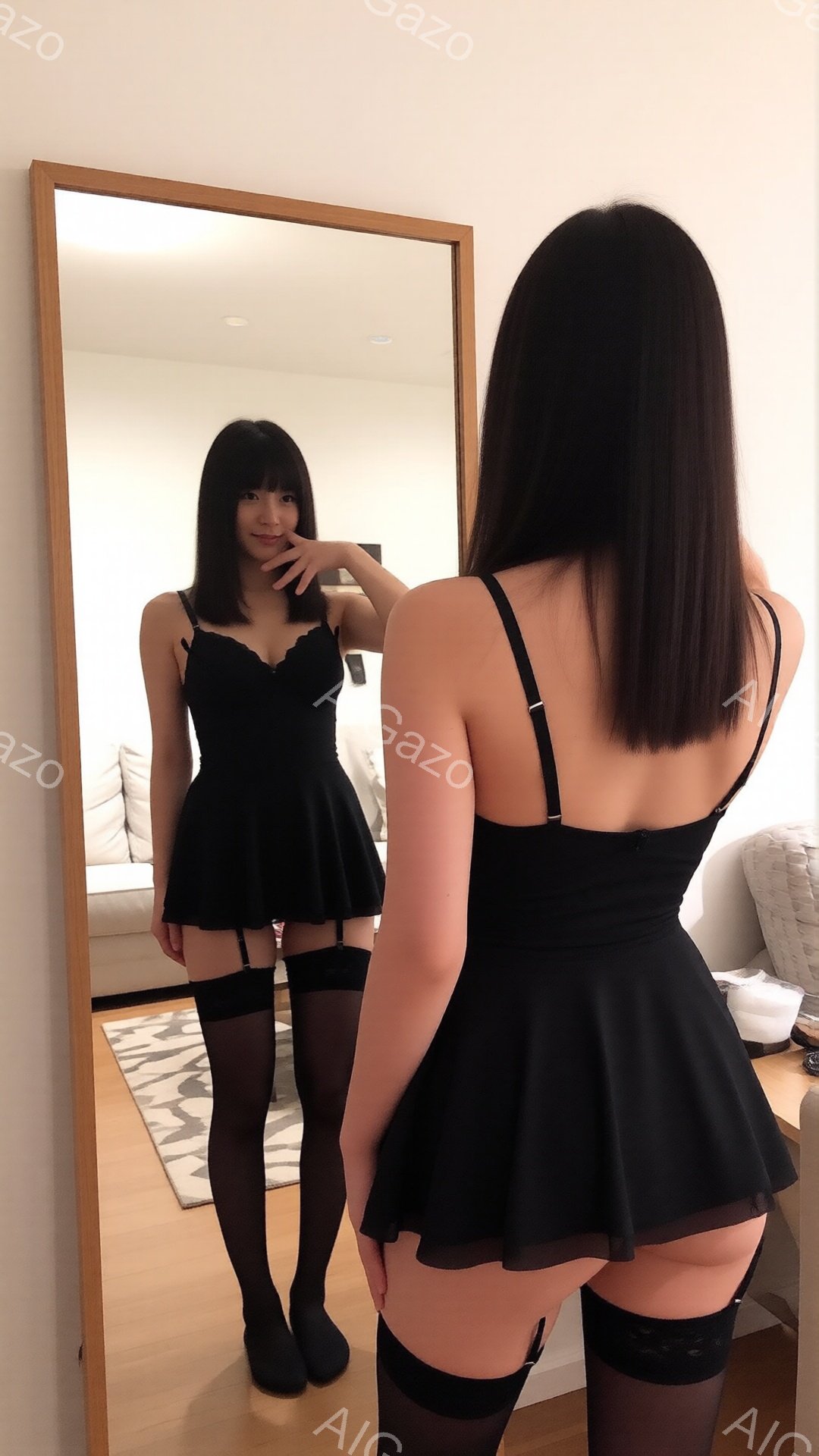 黒いミニドレスと黒いストッキングを着用した女性が鏡に映っています。彼女は片手を顎に当て、少し微笑んでいるように見え、ポーズをとっています。背景にはベージュ色のソファと白黒の模様の敷物が写っており、明る - AI生成フリー素材