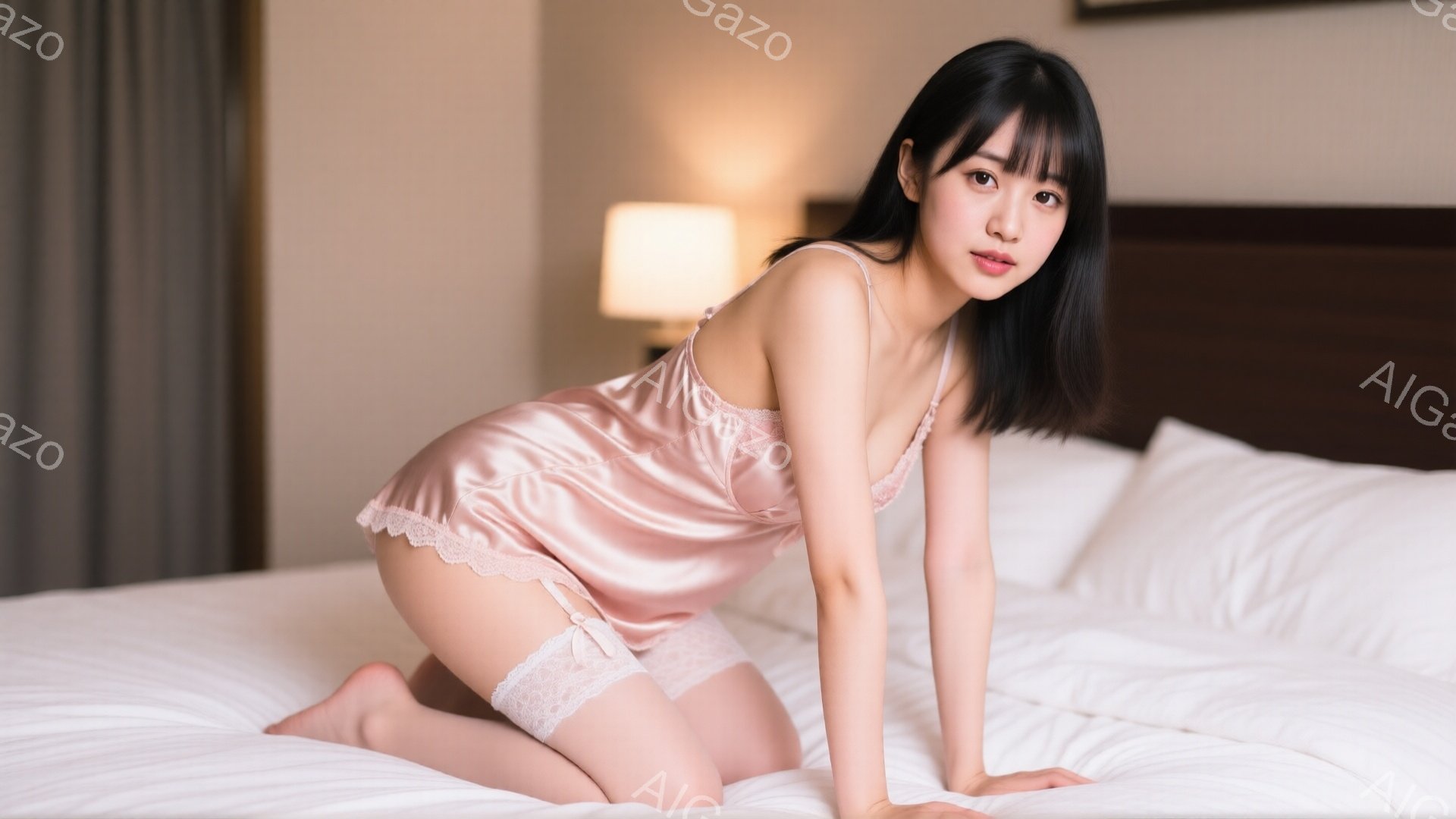 長い黒髪を肩のあたりで切りそろえた女性が、淡いピンク色のレース付きのキャミソールとショーツ姿でベッドの上に膝をついています。彼女は少し微笑んでおり、視線はカメラに向いています。背景にはベージュ色の壁と - AI生成フリー素材