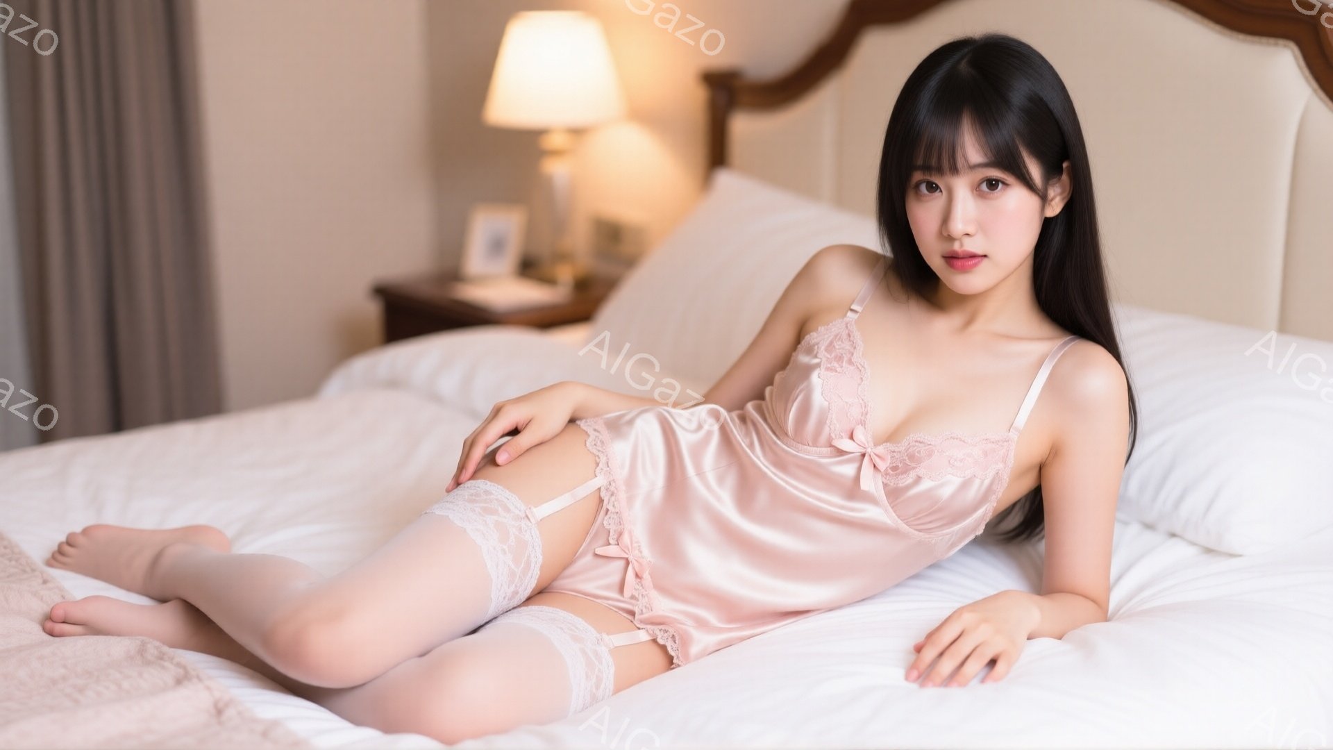 長い黒髪に前髪を合わせた女性が、薄いピンク色のキャミソールとガーターベルトを身につけ、白いベッドに横たわっています。彼女は足を伸ばし、片手を下にしてリラックスしたポーズで、少し微笑んでいます。背景には - AI生成フリー素材