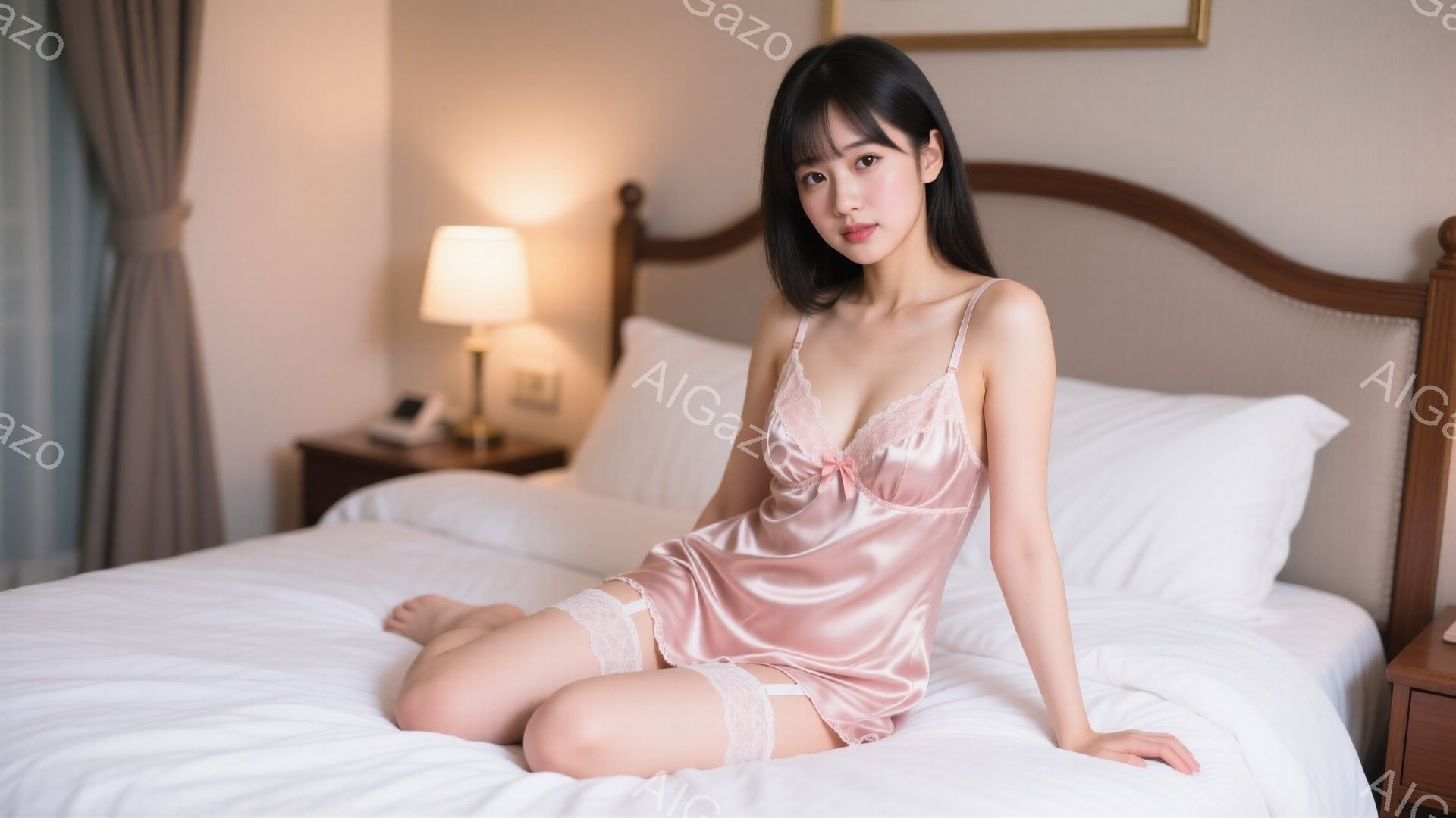 光沢のあるピンク色のキャミソールドレスを着た若い女性が、白いベッドの上に座っています。彼女は黒髪で、前髪が目に少しかかっています。表情は穏やかで、わずかに微笑んでいます。 - AI生成フリー素材