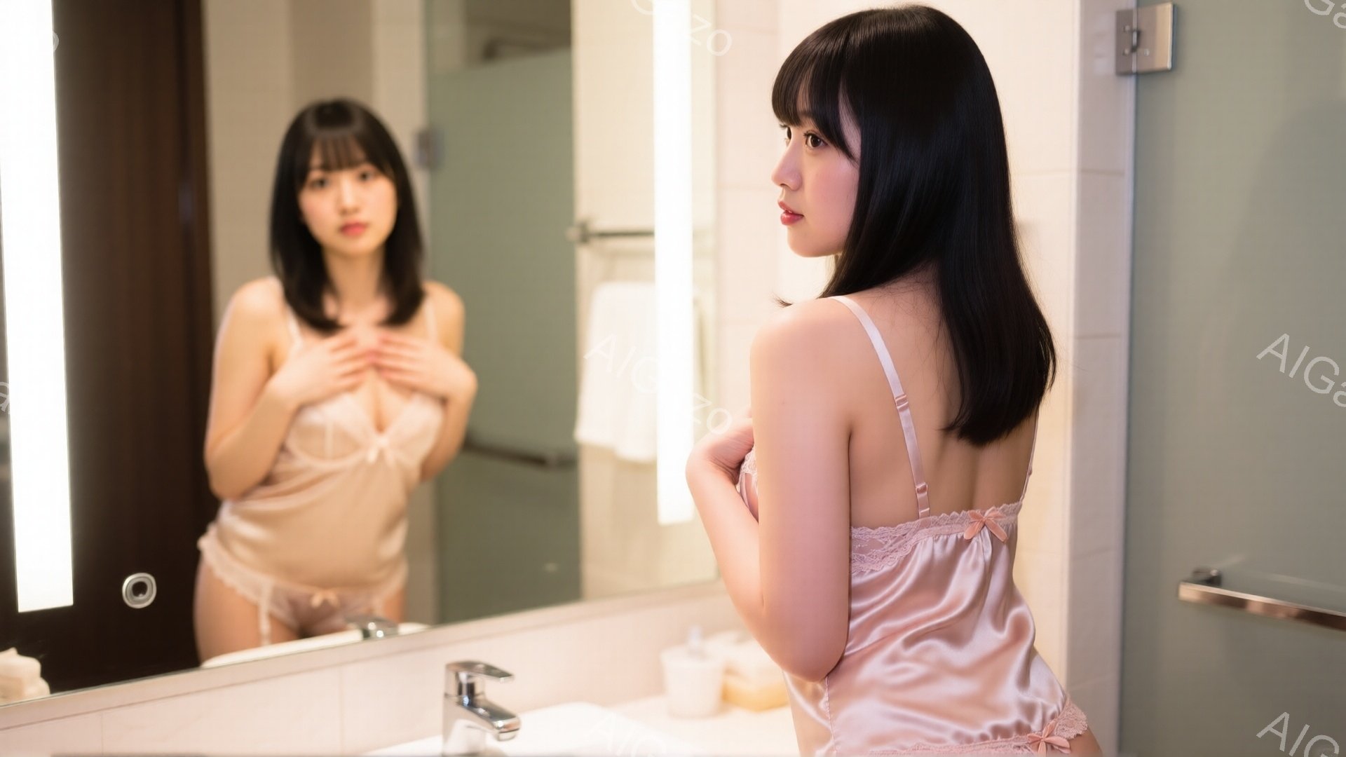 長い黒髪の女性が、薄いピンク色のシルクのキャミソールとショーツ姿で浴室に立っている。彼女は鏡に向かって背を向け、肩に手を当て、少し微笑んでいるように見える。背景には白いタイル張りの壁、洗面台、蛇口、そしてタオルがわずかに見える、浴室の落ち着いた光景だ。