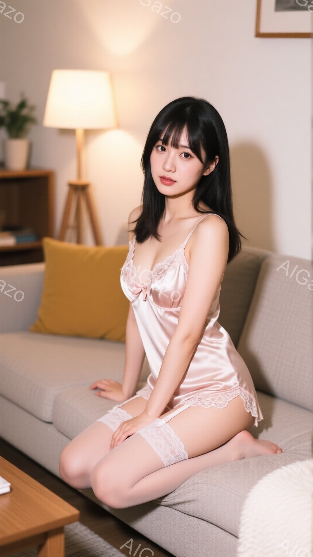 長い黒髪で前髪のある女性が、淡いピンク色のレースとリボンがアクセントのサテンのネグリジェと、膝上までのレースのガーターを着用して、灰色のソファに座っています。彼女は足を組んで座り、わずかに微笑んでいて - AI生成フリー素材