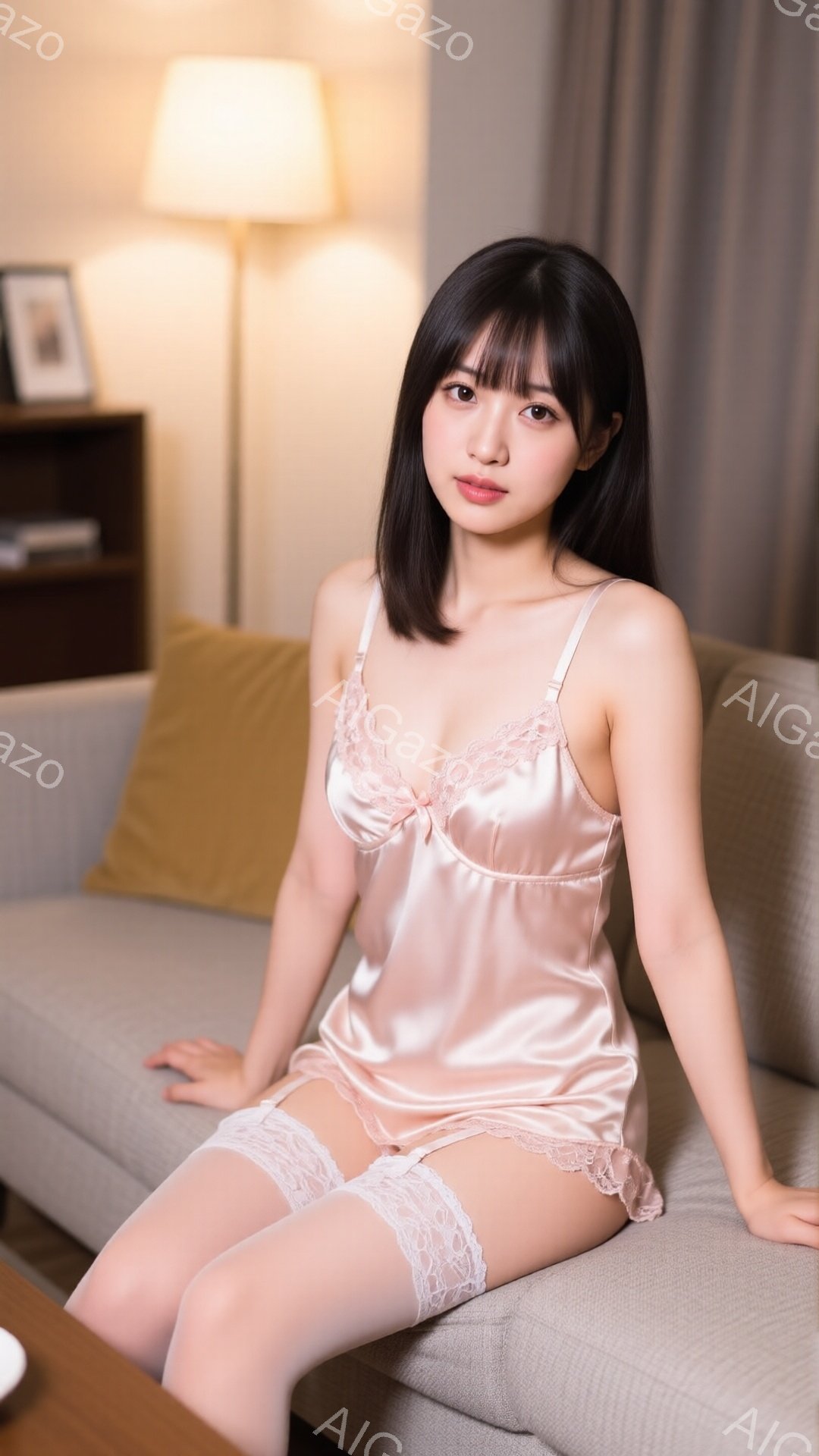 長い黒髪で前髪が目の上にかかる女性が、薄いピンクのサテンのキャミソールとレースのガーターベルトを着用してソファに座っています。彼女は少し微笑んでおり、落ち着いた表情です。背景には、間接照明、絵画、ソファと調和する暖色系のインテリアが見えます。