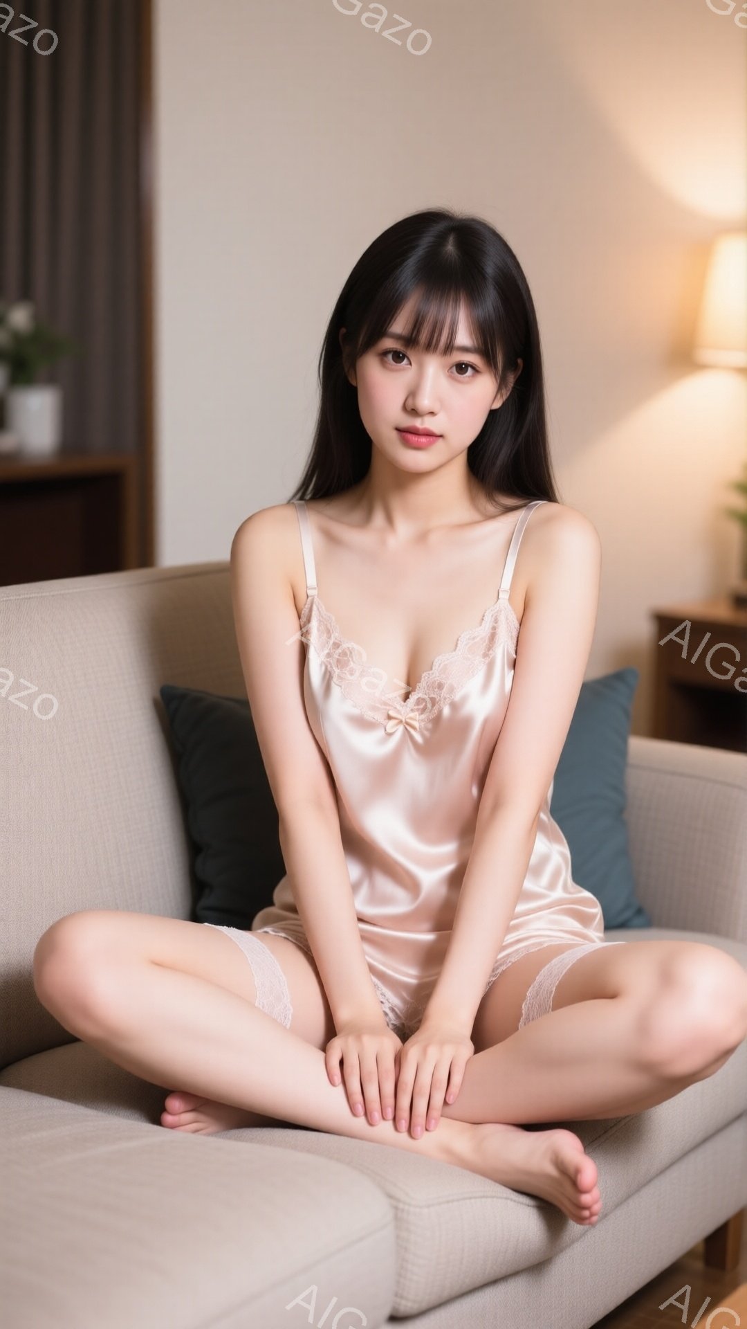 長い黒髪で、前髪は眉毛にかかるようにカットされた若い女性が、薄いピンク色のサテンのキャミソールとショーツ姿でソファに座っています。彼女は足を組んで座り、穏やかでわずかに微笑んだ表情を浮かべています。背 - AI生成フリー素材