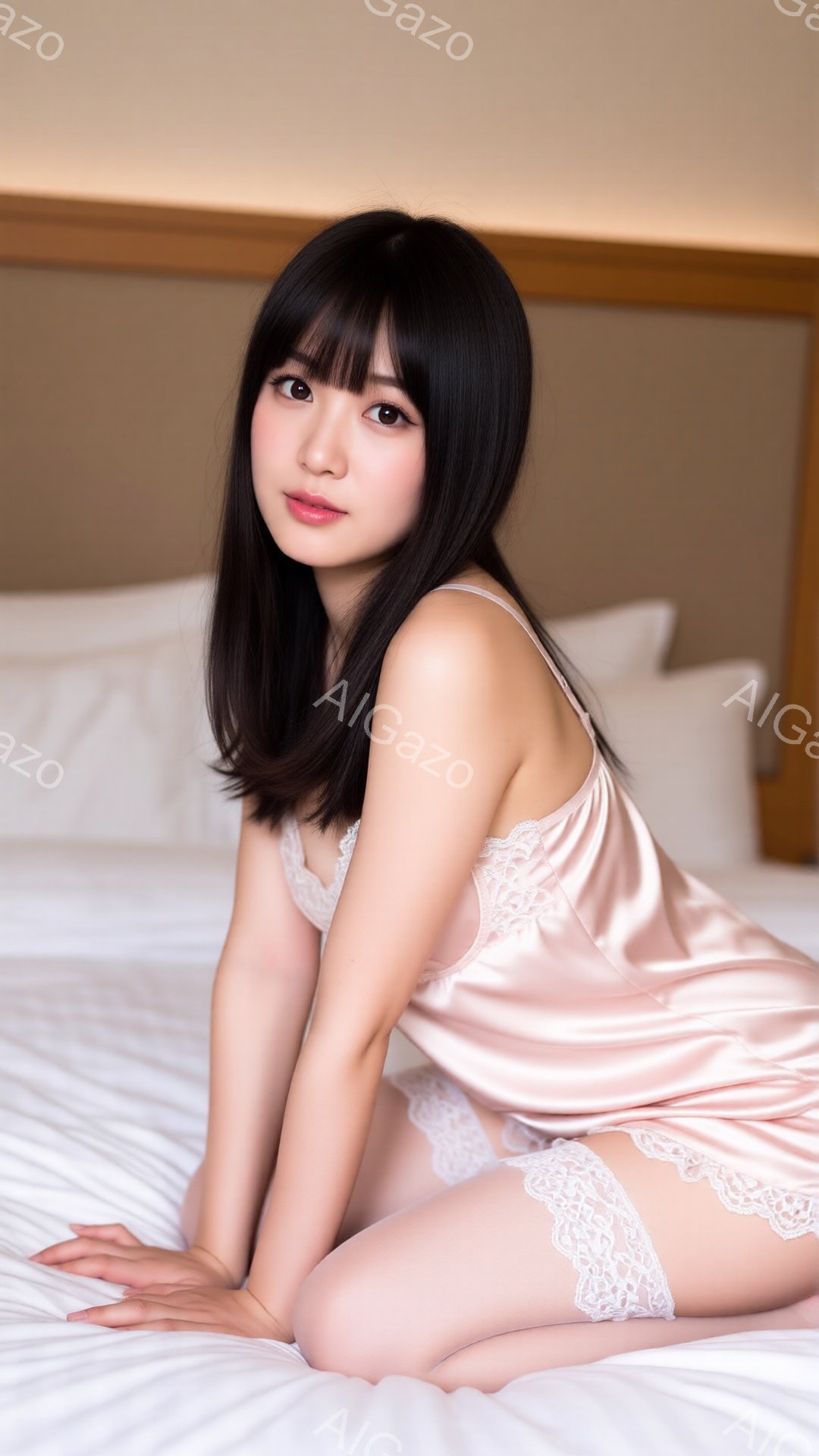 長い黒髪の女性が、淡いピンク色のサテン生地のキャミソールとレースのショートパンツ姿でベッドに座っています。彼女はわずかに微笑み、カメラを見つめており、リラックスした雰囲気を醸し出しています。背景は白い - AI生成フリー素材