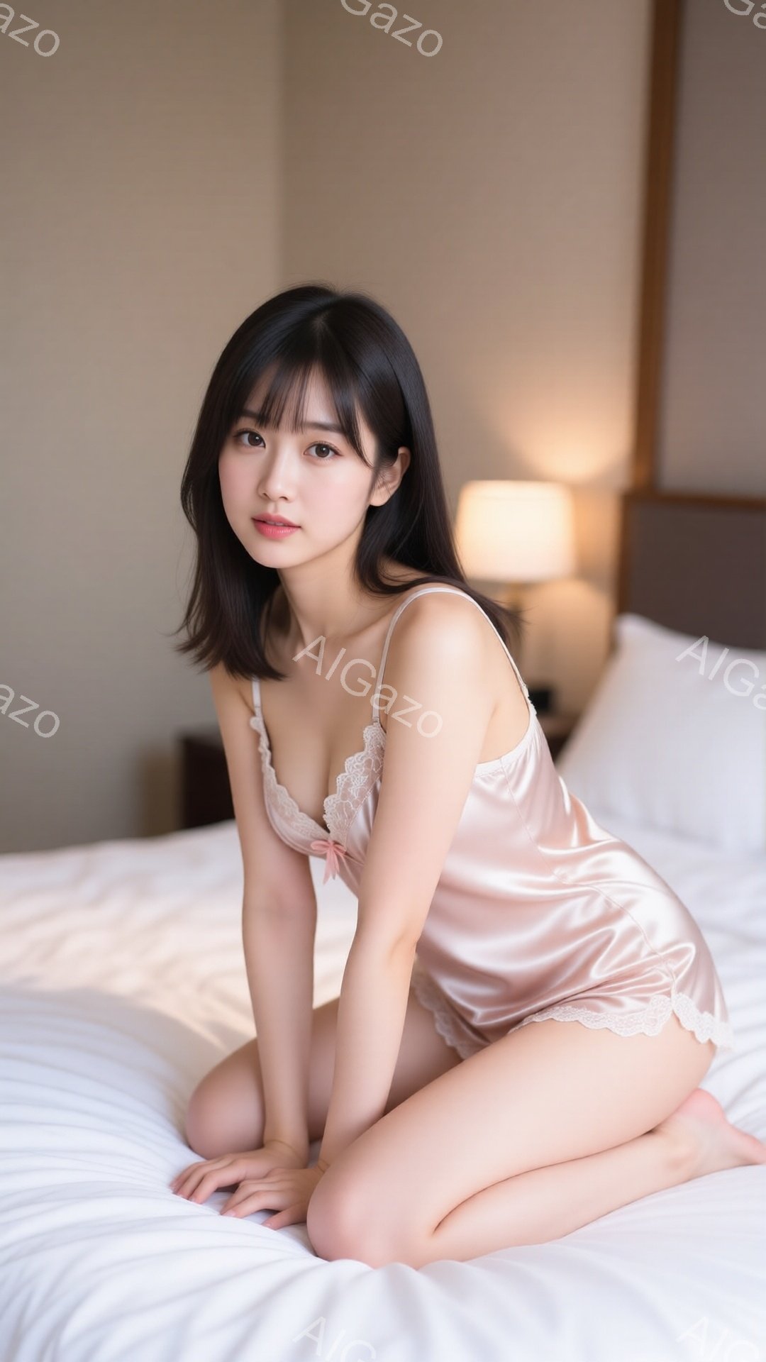 長い黒髪で、前髪は眉毛にかかるようにカットされている女性が、薄いピンク色のサテンのキャミソールとショーツ姿でベッドに座っている。彼女はわずかに微笑み、リラックスした表情でカメラを見つめている。背景は白 - AI生成フリー素材