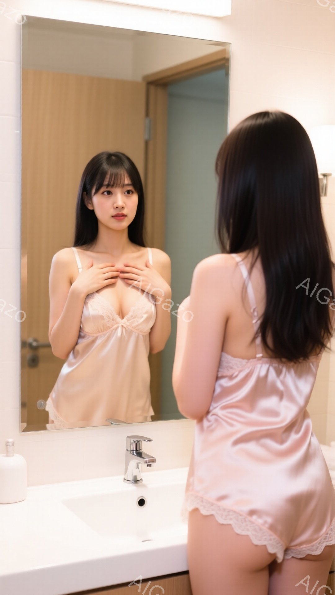 光沢のあるピンク色のサテンのパジャマを着た若い女性が、洗面台の前に立って鏡に映っています。彼女は長い黒髪を後ろに垂らし、控えめな笑顔を浮かべています。背景はシンプルなバスルームで、明るい照明が当たっています。