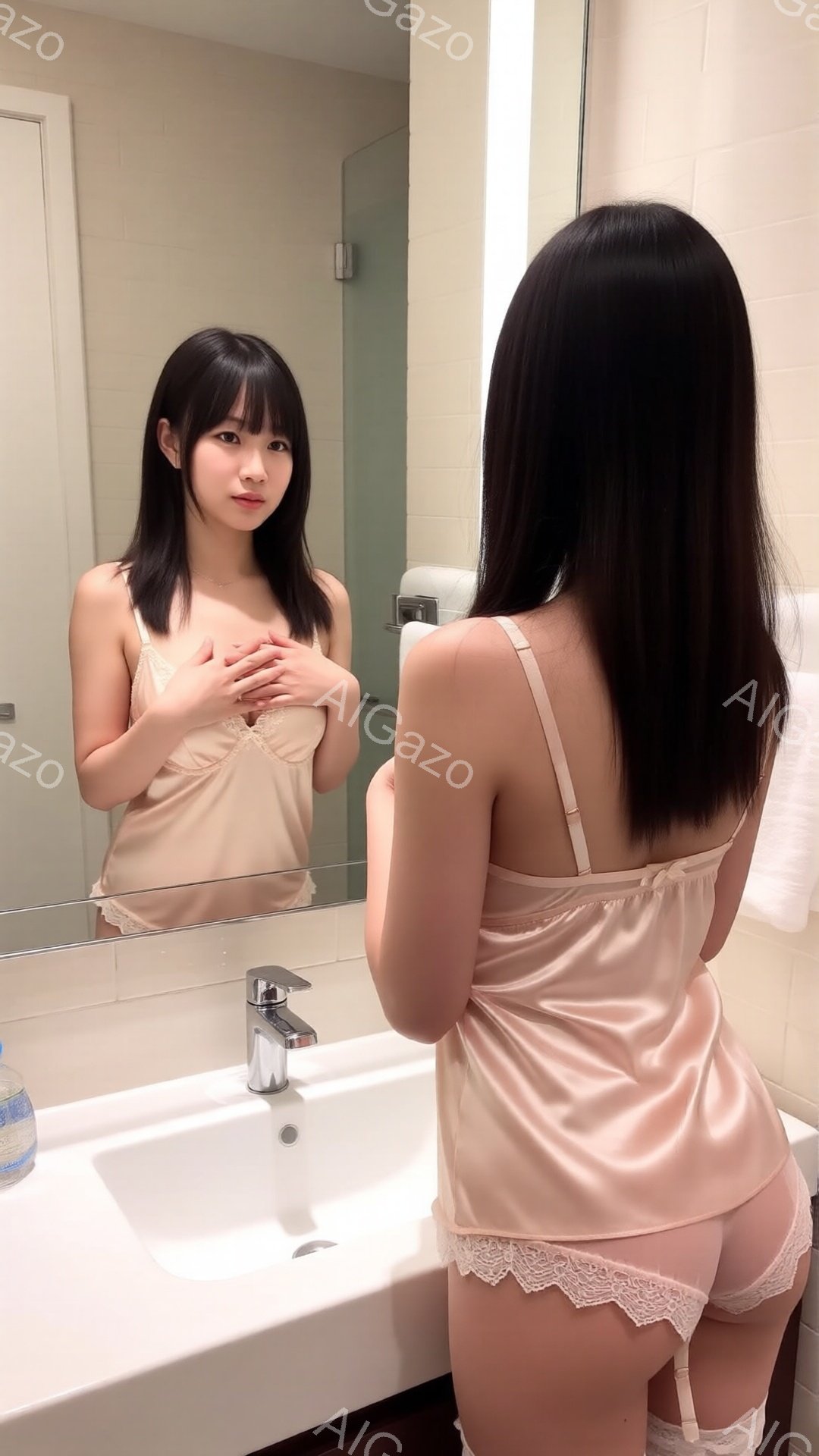 この画像では、女性がベージュ色のサテンのキャミソールとショーツ姿でバスルームの鏡の前に立っています。彼女は両手を胸の前で組み、少し微笑んでおり、長い黒髪はストレートに肩にかかっています。背景には白いタイル張りの壁、洗面台、水栓があり、全体的に柔らかく繊細な雰囲気が漂っています。