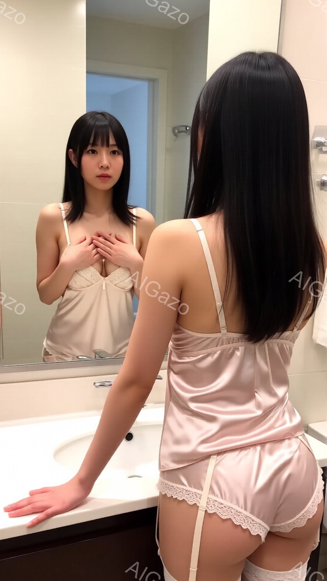 長い黒髪の女性が、薄いピンク色のサテンのパジャマのような衣装を身に着けて鏡の前でポーズをとっています。彼女は微笑んでおり、片手を胸に当て、もう片手は洗面台に添えています。背景には白い壁と鏡があり、洗面台と浴室の一般的な雰囲気です。