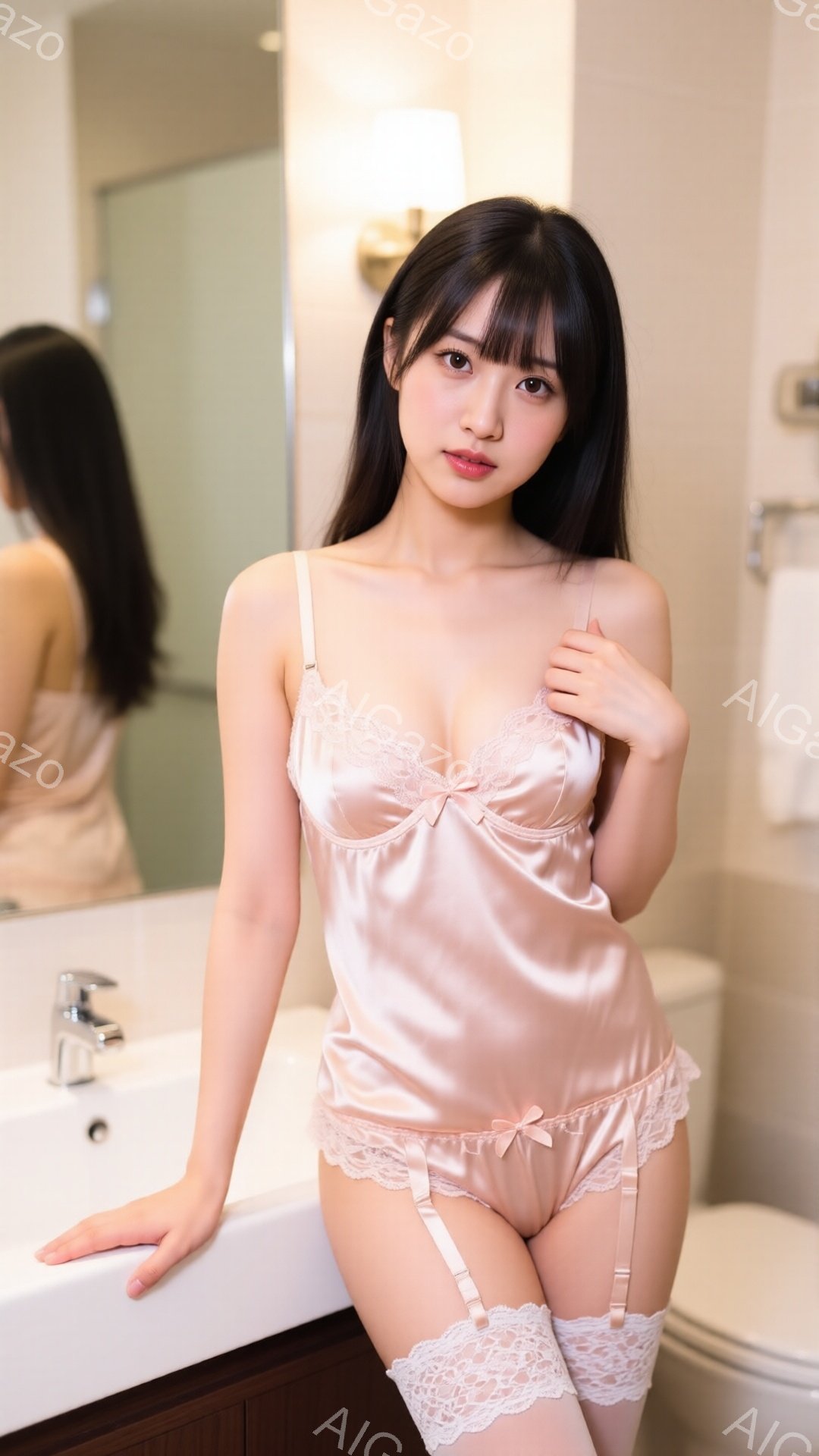 長い黒髪で、前髪が目の上にかかっている女性が写っています。淡いピンク色のサテンのキャミソールとショーツ、レースのガーターベルトを身につけ、少し恥ずかしそうな表情で壁に寄りかかっています。背景は洗面台のある浴室で、全体的に柔らかく、上品な雰囲気です。