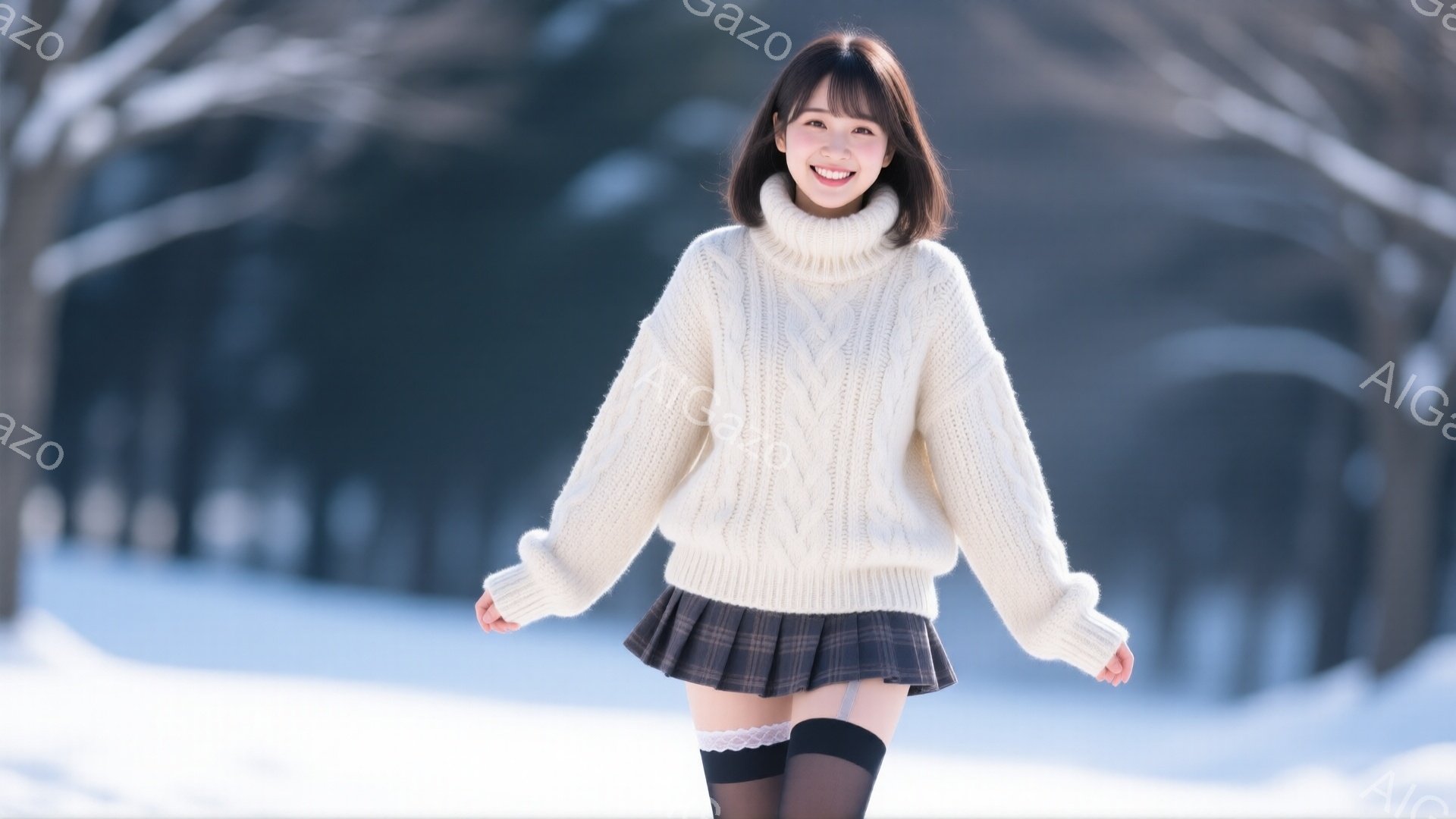 明るい笑顔の若い女性が、白いケーブルニットセーターとチェック柄のプリーツスカート、黒いタイツを着用して雪景色の中に立っています。彼女は両手を広げ、少し上を見ているような姿勢で、冬の太陽の下で楽しそうに - AI生成フリー素材