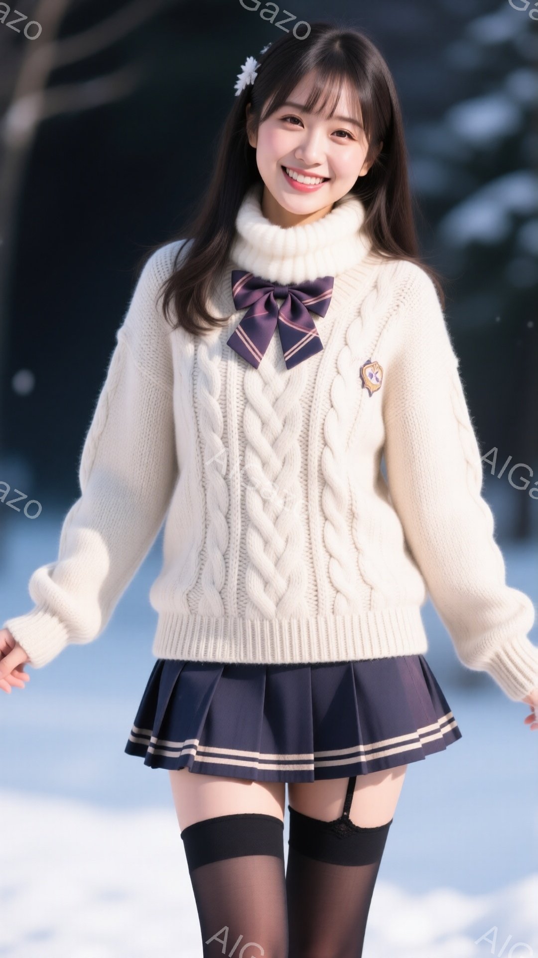 明るい笑顔の女性が、オフホワイトのケーブルニットセーターと紺色のプリーツスカート、黒のタイツ、サスペンダーを着用しています。髪は肩までの長さで、前髪はふさふさとしており、髪飾りをつけています。背景は雪景色で、ぼやけた建物や木々が見え、冬の穏やかな雰囲気を醸し出しています。