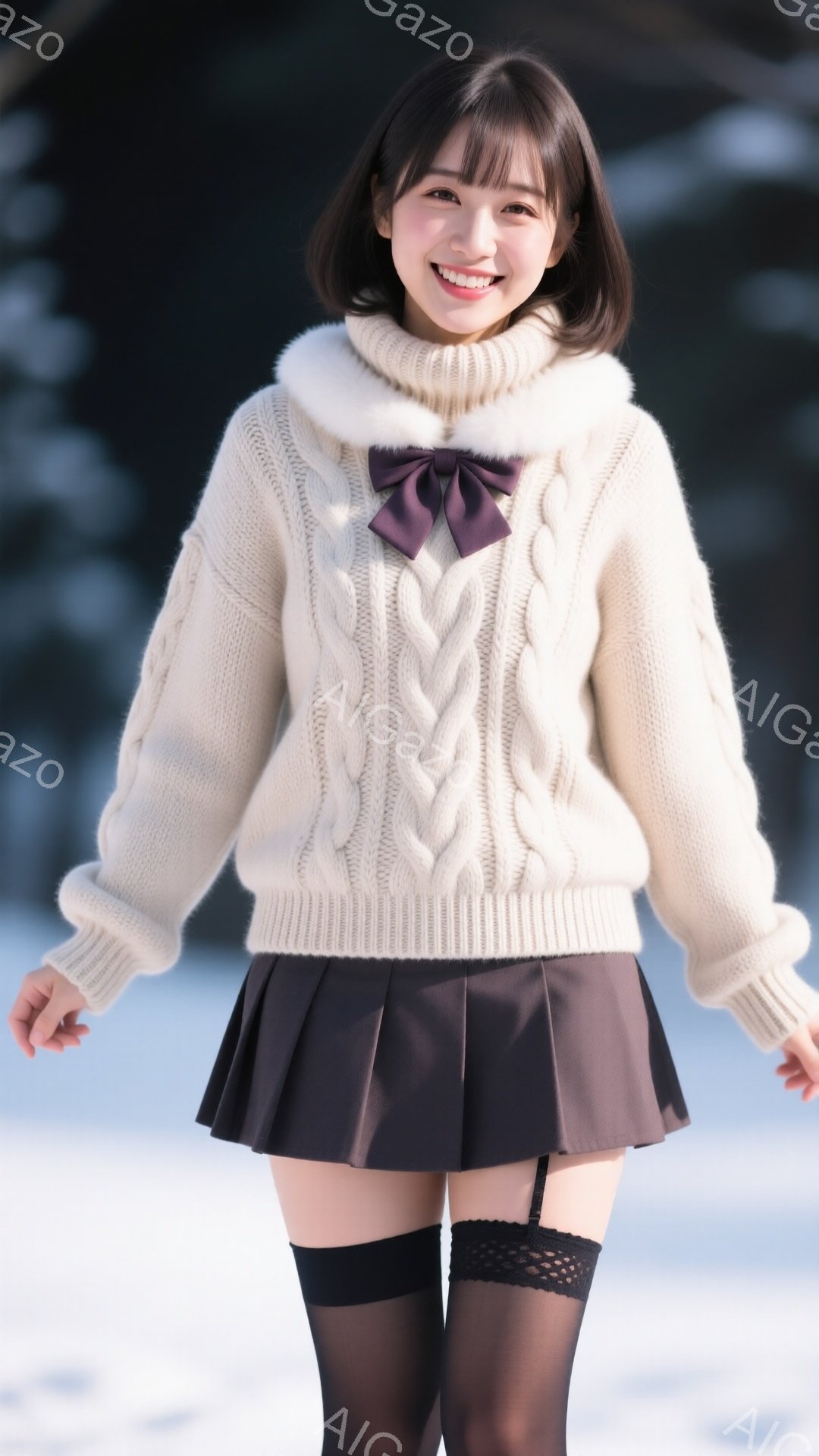 明るい笑顔を浮かべた若い女性が写っています。オフホワイトのケーブルニットセーターに黒のプリーツスカート、黒のタイツとサスペンダー、そして赤いリボンを結んだ首元が特徴的です。背景は雪景色で、雪が降る寒い - AI生成フリー素材