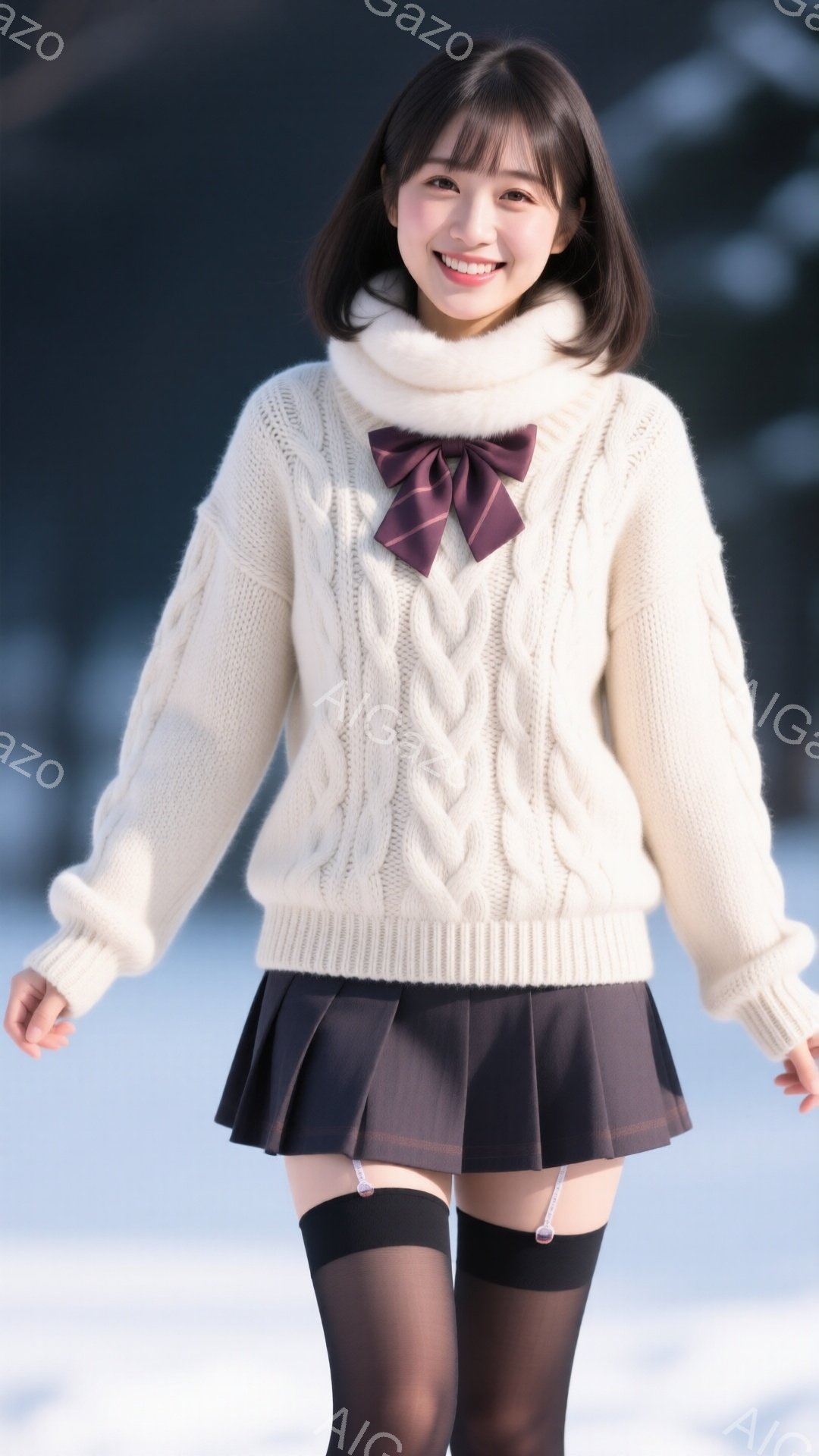 明るい笑顔の女性が、オフホワイトのケーブルニットセーターと黒のプリーツスカート、黒のタイツ、サスペンダーを着用しています。彼女は茶色のリボンを首につけており、少しカールしたショートヘアです。背景はぼや - AI生成フリー素材