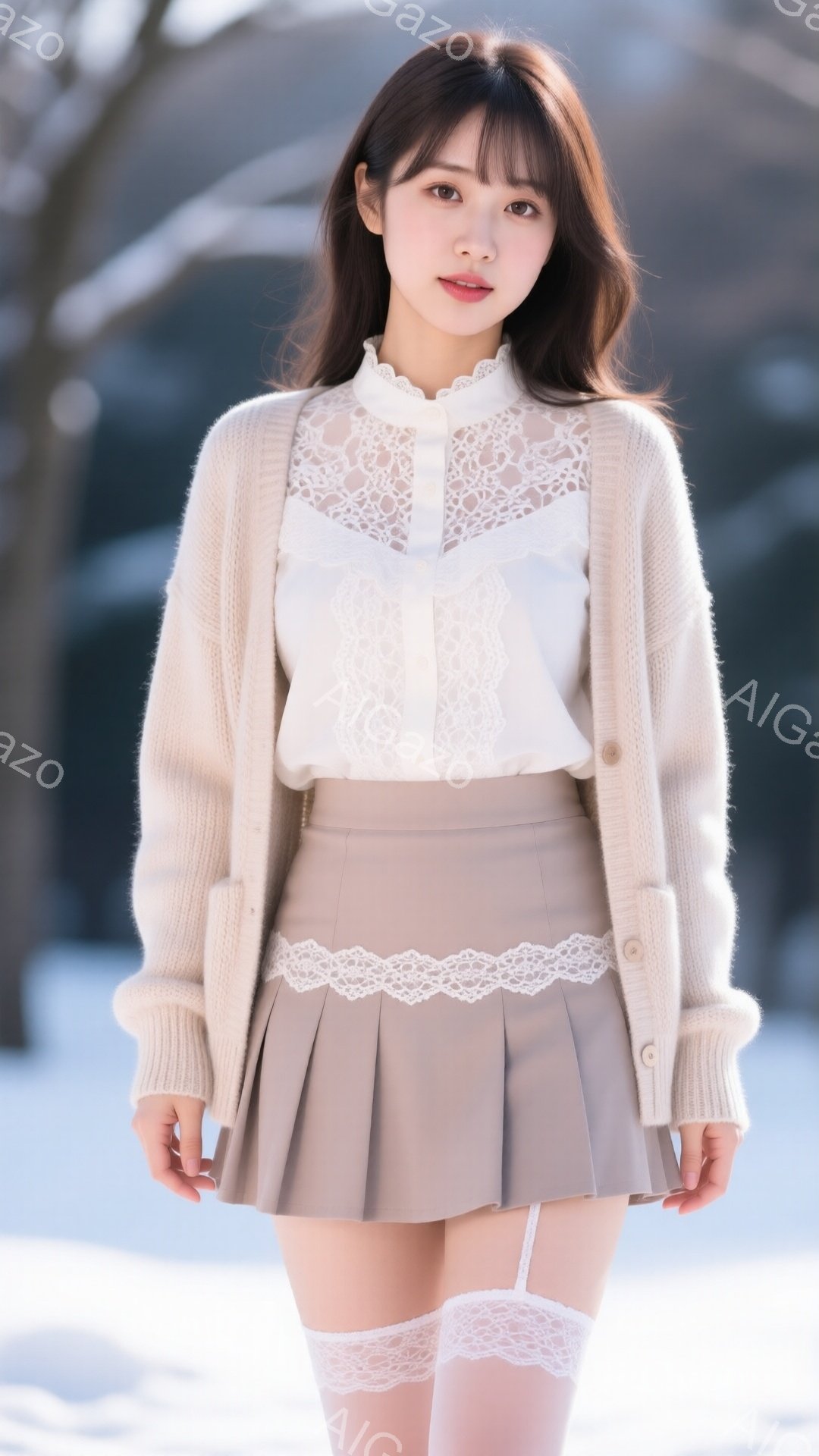 長い茶色の髪をハーフアップにした若い女性が、クリーム色のカーディガン、レース襟の白いブラウス、ベージュのプリーツスカート、そしてレースの付いた白いストッキングを身に着けて立っています。彼女はカメラに向 - AI生成フリー素材