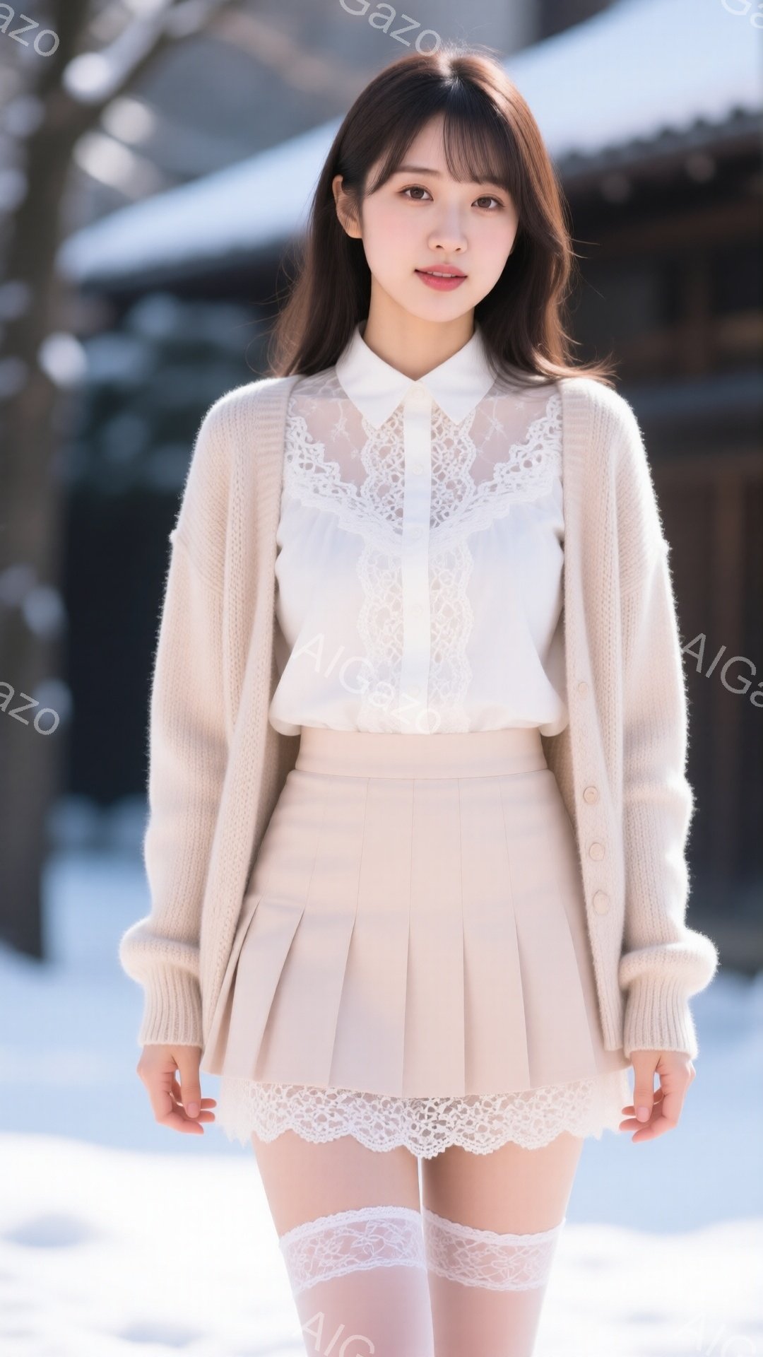 長い茶色の髪を耳にかける若い女性が写っている。オフホワイトのレース襟のブラウスに、ベージュの編みカーディガンとプリーツのミニスカートを合わせ、白のレース付きソックスを履いている。背景は雪景色で、ぼんや - AI生成フリー素材