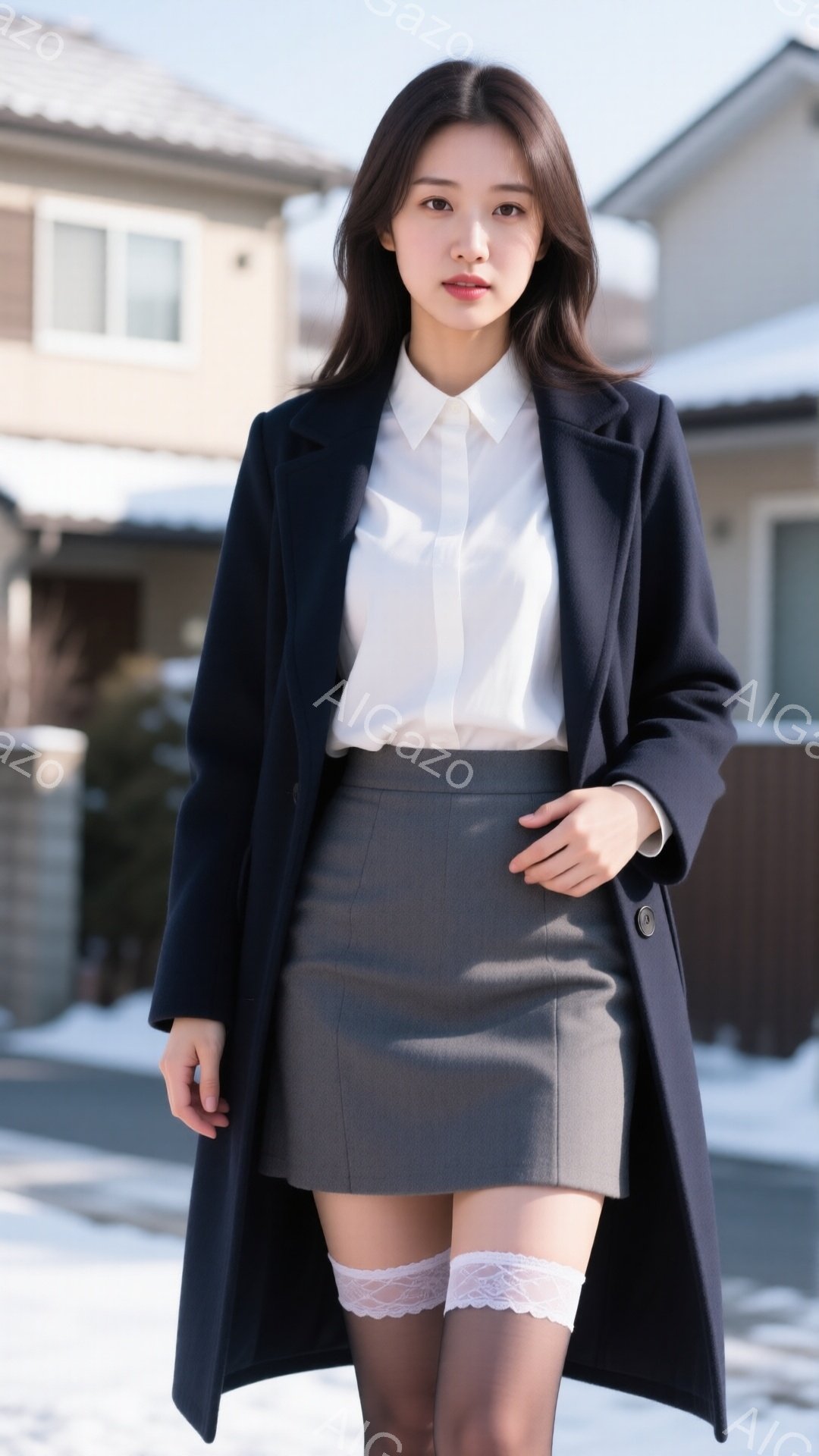 深い青色の長いコートを着た若い女性が立っています。白いシャツとグレーの膝丈スカート、黒いストッキングとレースのガーターベルトを着用し、ポーズをとっています。背景には、雪の積もった庭と二階建ての家が見え、冬の晴れた日の穏やかな雰囲気が漂っています。
