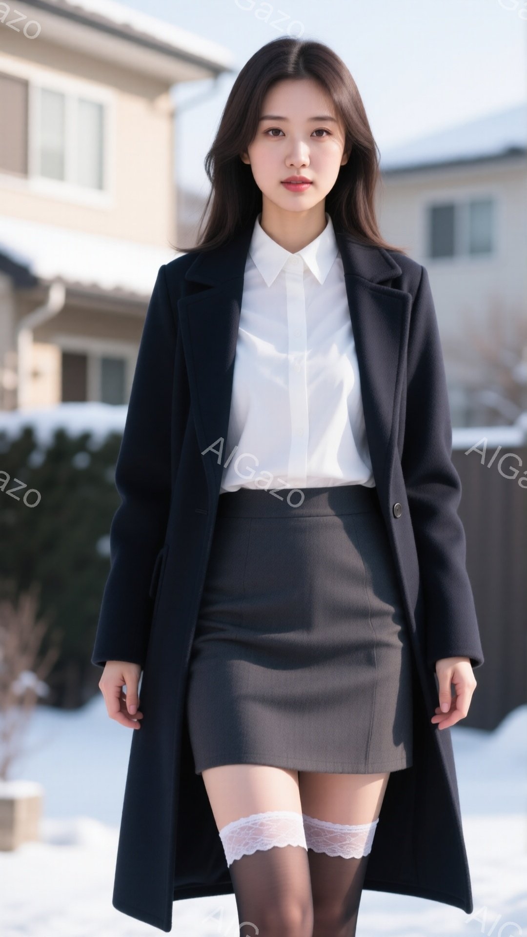 長い黒いコートを着て、白いシャツとグレーのタイトスカートを合わせた女性が立っています。彼女は長い黒髪で、顔は穏やかで微笑んでいます。背景は雪に覆われた庭と住宅があり、冬の静かな雰囲気が漂っています。