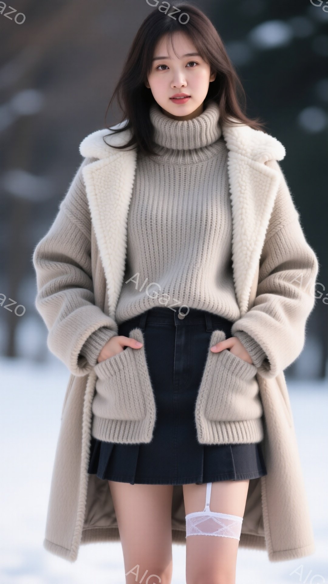長い茶色のふわふわしたセーターと黒のミニスカートを着た若い女性が写っています。彼女は両手をポケットに入れ、少し微笑んでカメラを見ています。背景は雪景色で、冬の冷たい雰囲気が漂っています。 - AI生成フリー素材