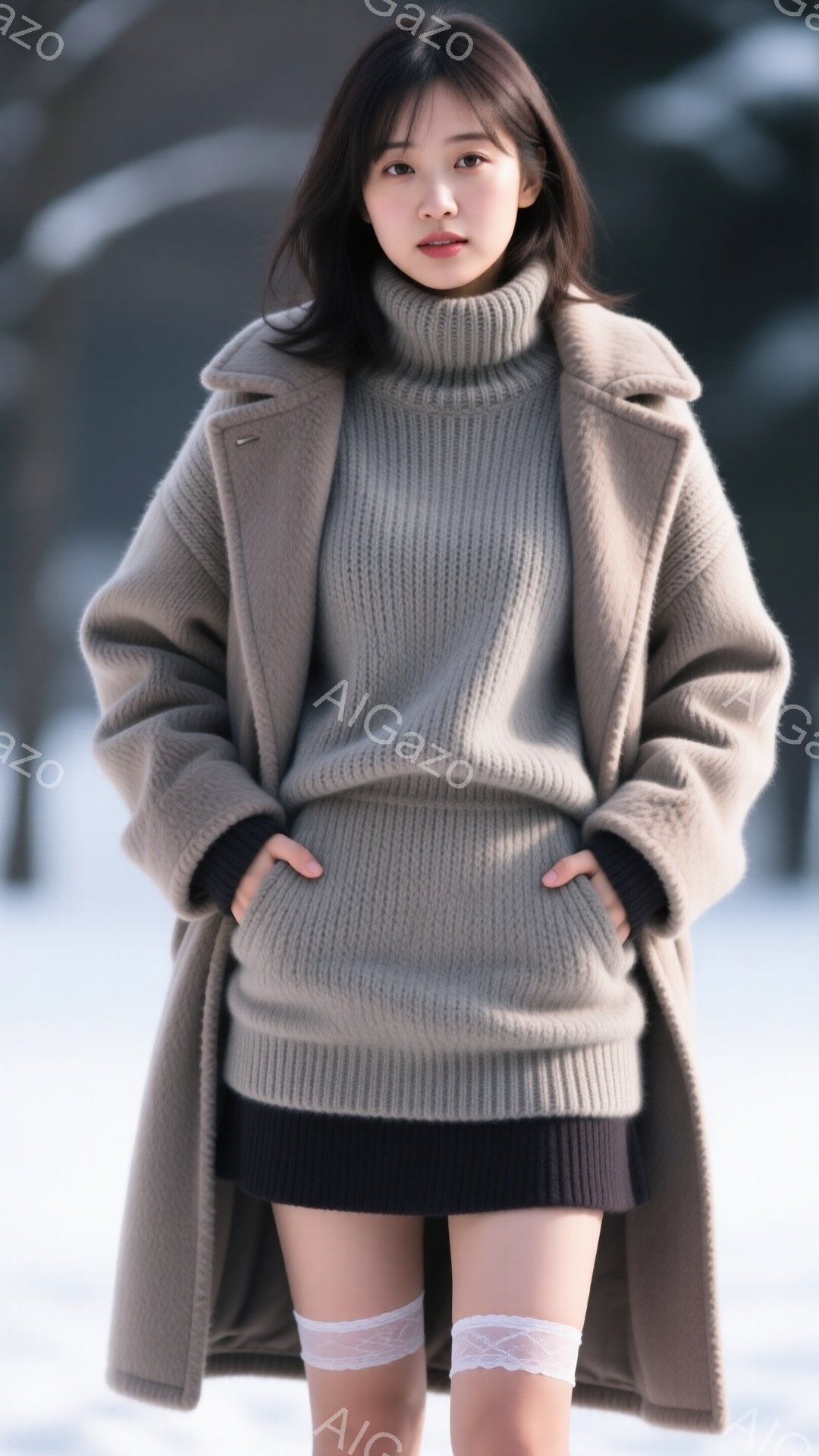 長い茶色のコートを着た若い女性が立っています。彼女はオーバーサイズのベージュのセーターと黒いミニスカートを着用し、白いレースのニーハイソックスを履いています。背景は雪景色で、建物や自然の要素が見え、全体的に冬の穏やかな雰囲気が漂っています。
