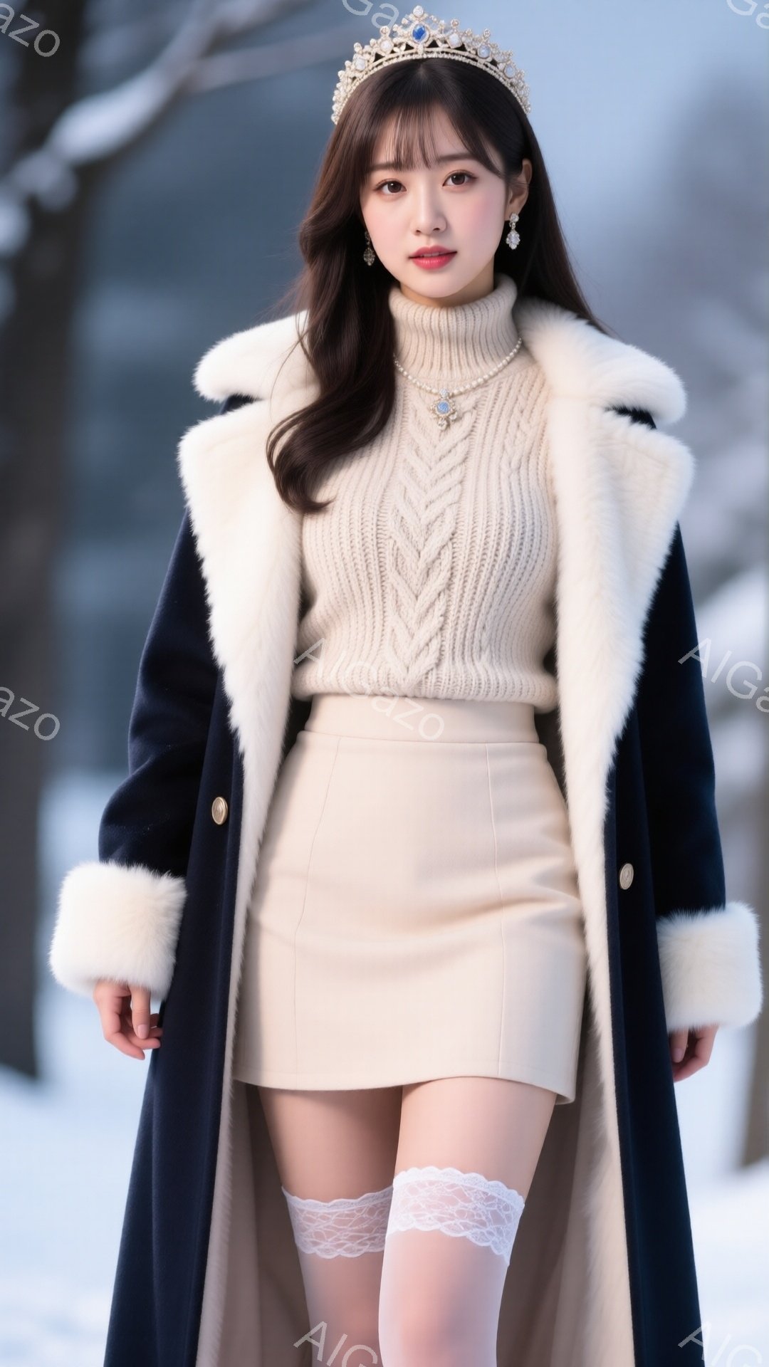長いダークブラウンの髪を無造作に垂らし、ティアラとパールネックレスを身に着けた女性が写っている。オフホワイトのケーブルニットセーターとミニスカート、レースのついた白いストッキングを着用し、ネイビーのファーカラーコートを羽織っている。背景は雪景色で、冬の静かで上品な雰囲気を醸し出している。