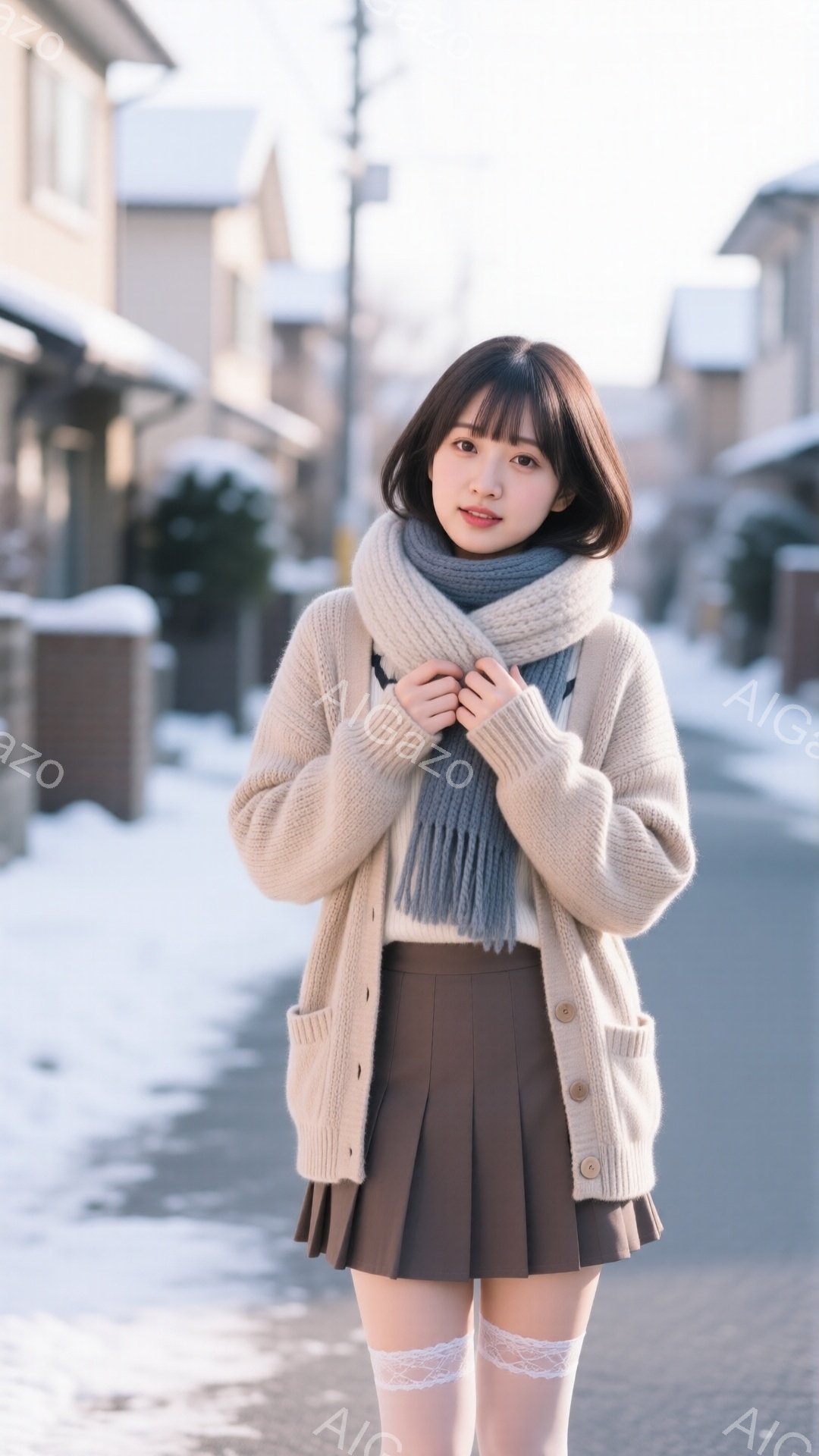 若い女性が、ベージュのカーディガン、茶色のプリーツスカート、白いレースのニーハイソックスを着用し、灰色（グレー）のマフラーを巻いています。彼女は両手を胸の前で組み、少し微笑んでカメラを見ています。背景 - AI生成フリー素材