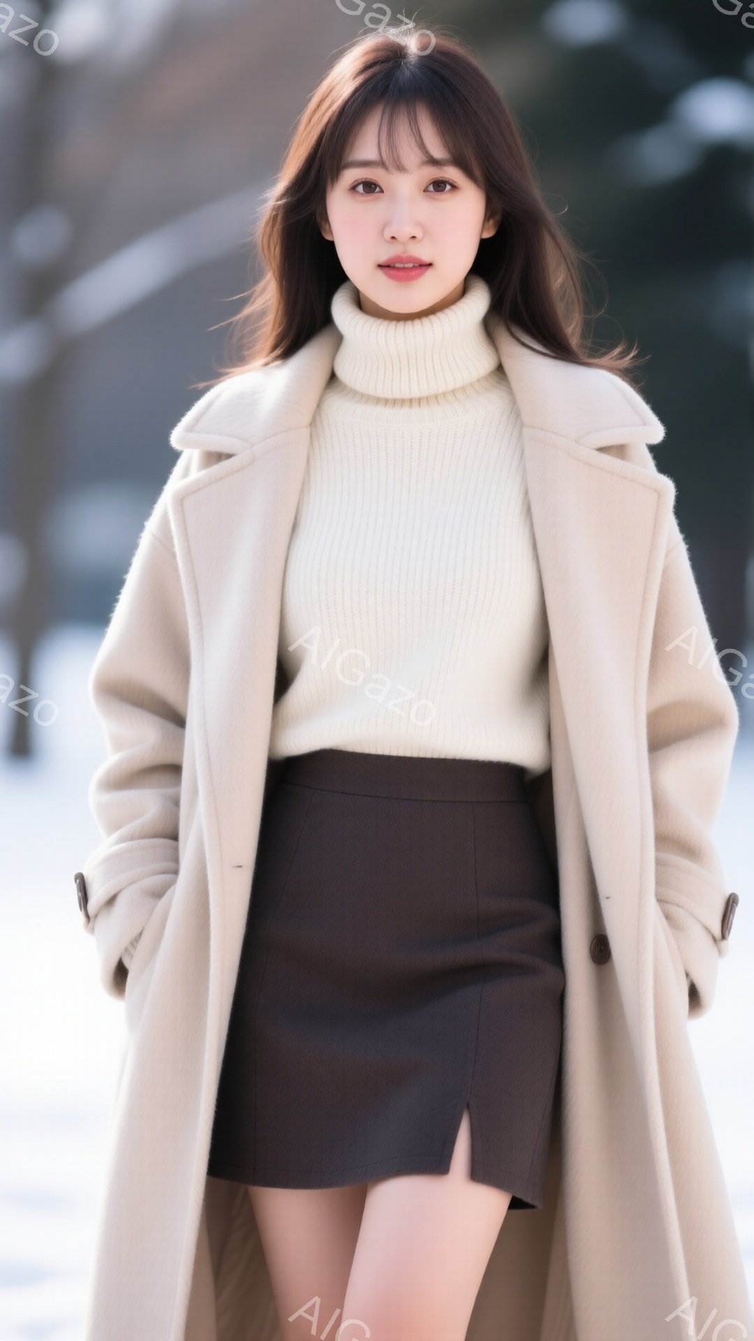 長いダークブラウンの髪はゆるやかにカールし、ふんわりと肩にかかっています。ベージュのニットとダークブラウンのミニスカート、そしてベージュのロングコートを身につけた女性は、少し微笑み、カメラの方を見てい - AI生成フリー素材