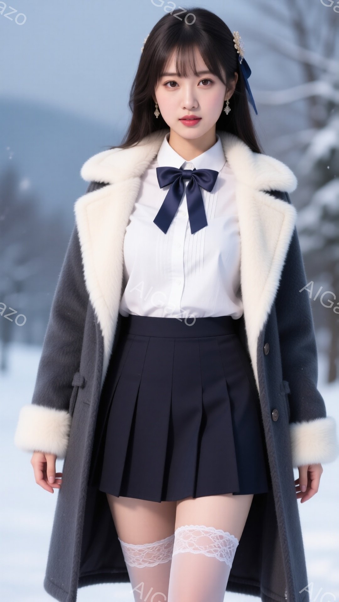 長い黒髪にリボンをつけた少女が、紺色のプリーツスカートと白いシャツ、そして毛皮の襟付きのグレーのコートを着ています。彼女は少し微笑んでおり、少し恥ずかしそうな表情をしています。背景は雪景色で、ぼやけた建物が見え、冬の冷たい雰囲気が漂っています。