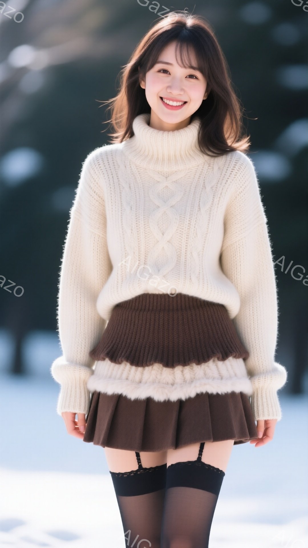 若い女性が、オフホワイトのケーブルニットセーターとブラウンのフレアスカートを着用し、黒いニーハイソックスを履いています。彼女は微笑んでおり、明るい茶色の髪は肩にかかる程度の長さで、少しウェーブがかかっています。背景は雪景色で、自然光が差し込み、全体的に柔らかく、暖かい雰囲気です。