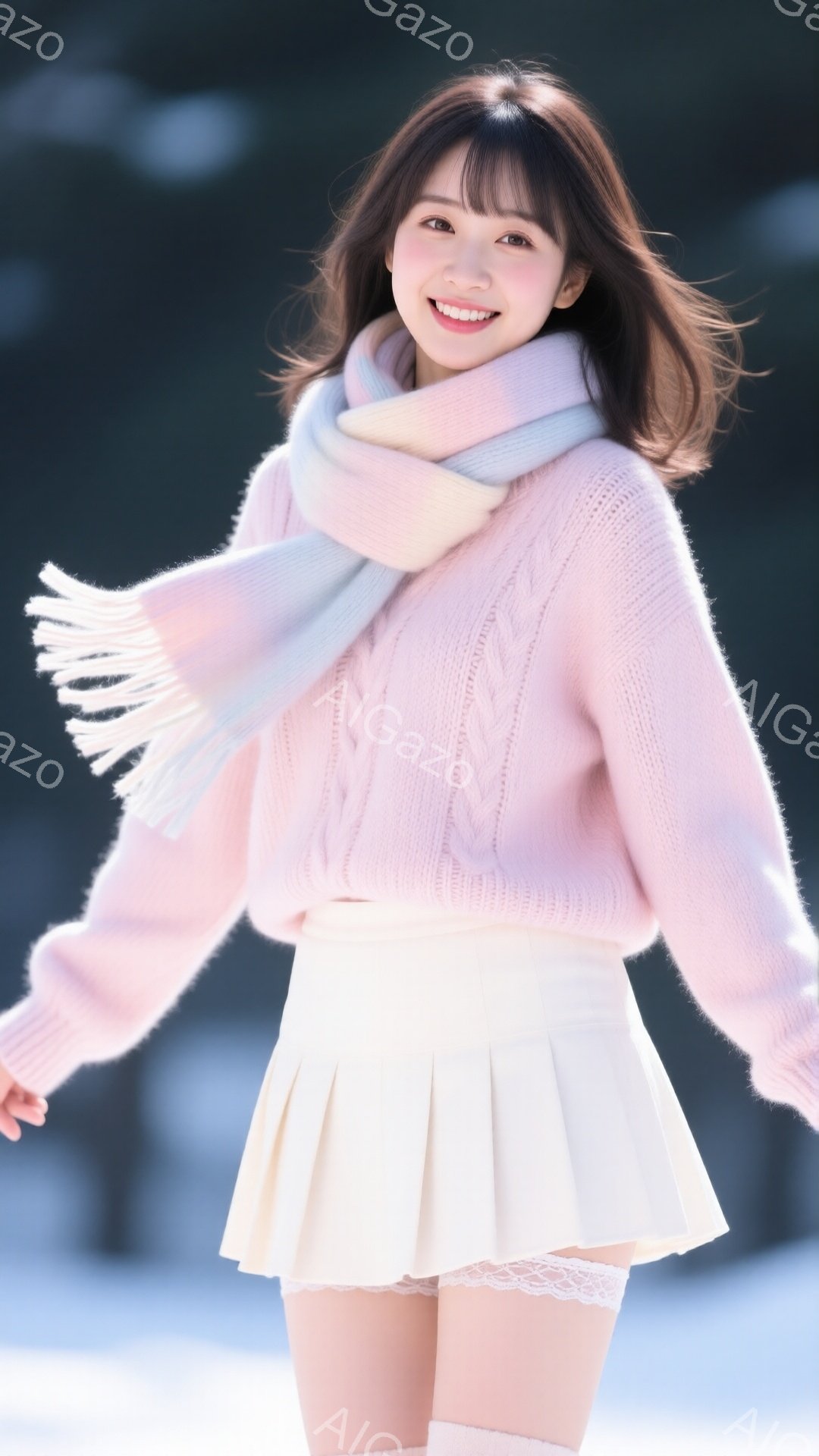 明るい笑顔を見せる若い女性が写っています。彼女は、ふわふわの編み模様のピンク色のセーター、白いプリーツスカート、膝丈の白いソックスを着用し、ピンク色のマフラーを首に巻いています。背景はぼやけていますが - AI生成フリー素材