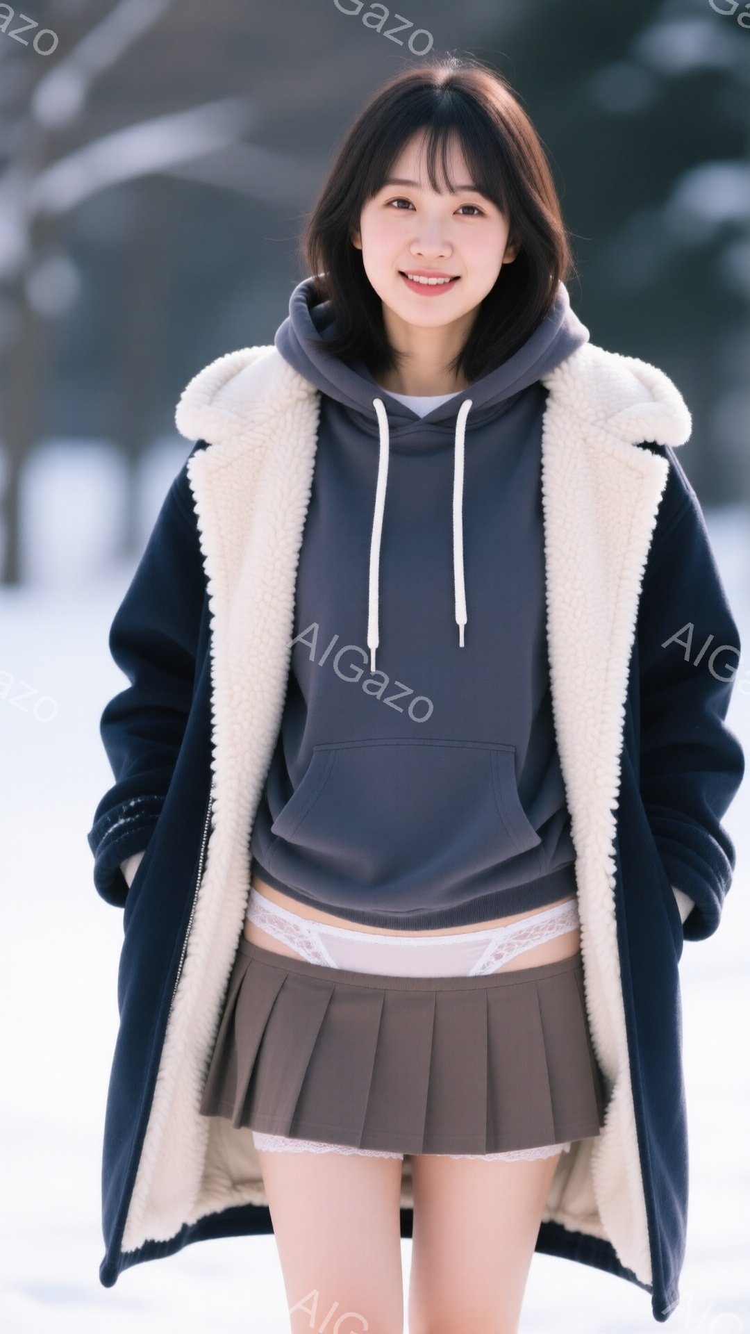 若い女性が、紺色のフリース裏起毛のパーカーとグレーのプリーツスカートを着用し、雪景色の中に立っています。彼女は微笑み、髪は肩までの長さで、前髪が少しあります。背景は雪景色で、ぼやけていますが、冬の屋外であることがわかります。