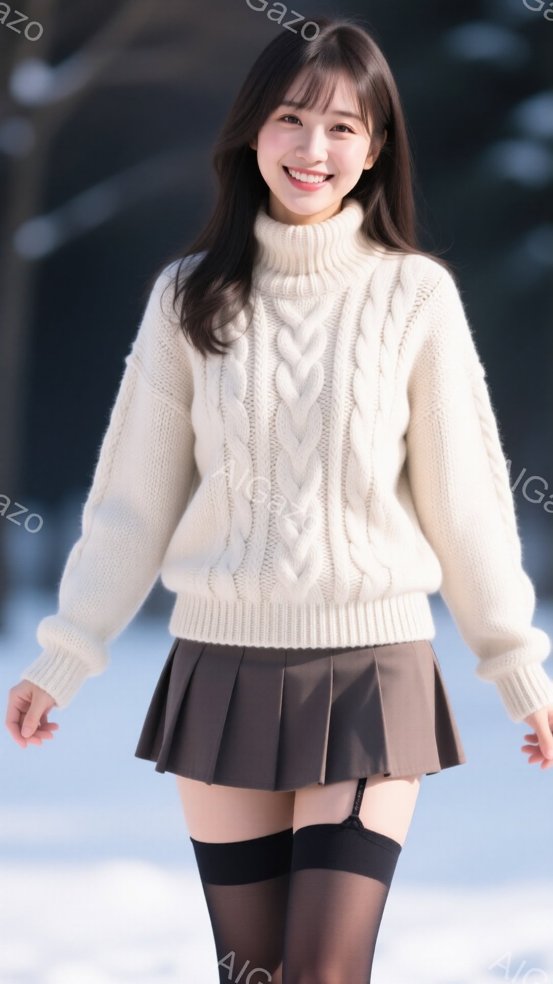 長いダークブラウンの髪に、前髪を少しおろした若い女性が写っています。オフホワイトのケーブルニットセーターと、プリーツのミニスカート、黒のタイツ、そしてハイソックスを着用しています。背景はぼやけた冬の風景で、雪が降っているか、または雪景色が広がっています。