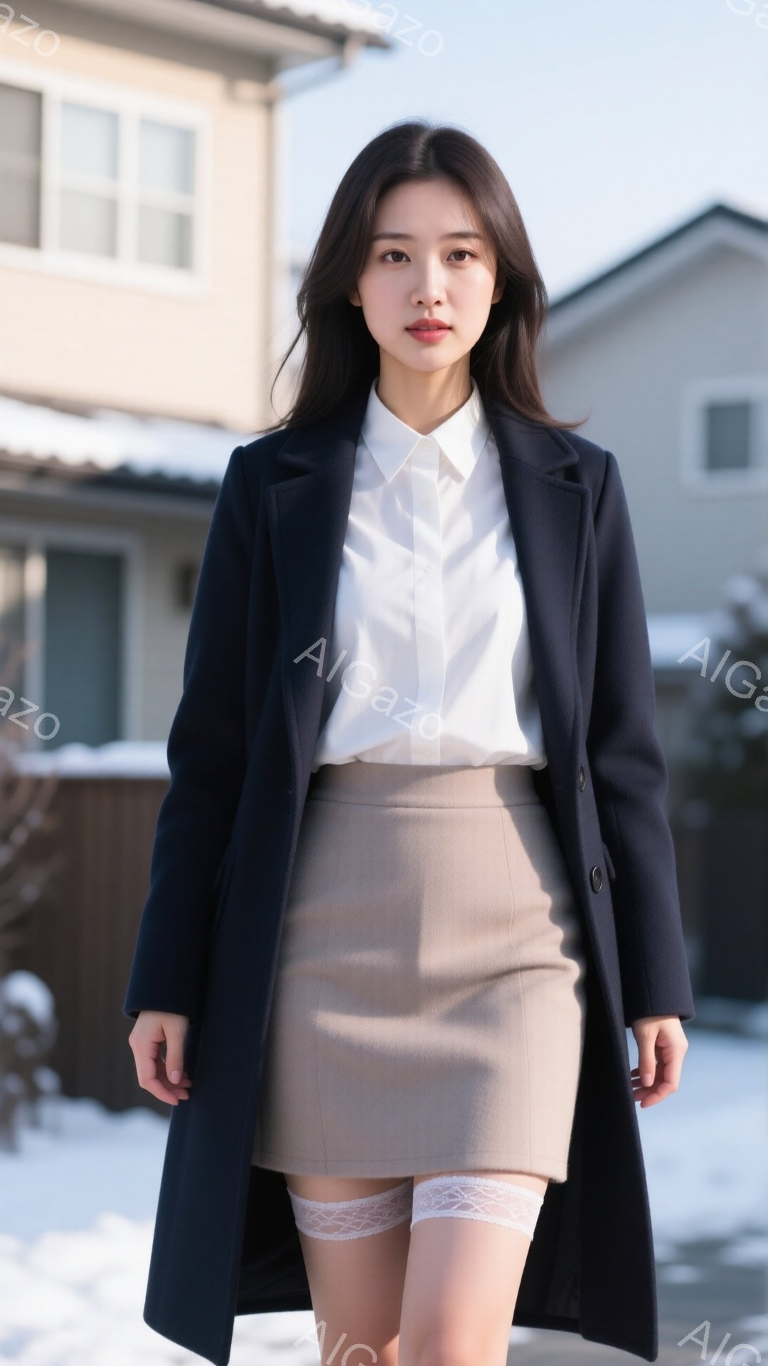 長いダークブルーのコートを着た若い女性が写っています。彼女は白いシャツとベージュの膝丈スカートを着用し、白いレースのガーターベルトが見えます。背景には雪景色と住宅が見え、全体的にクールで洗練された雰囲気です。