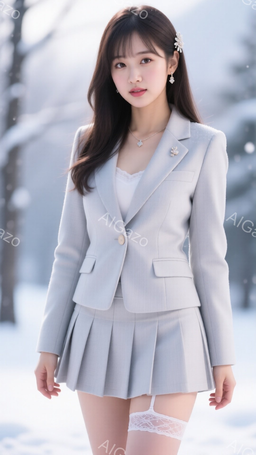 長いダークブラウンの髪をセンターパートにし、顔の横にふさふさとした前髪がある女性が写っています。彼女はライトグレーのテーラードジャケットとプリーツスカートのセットアップを着ており、白いレースのガーター - AI生成フリー素材