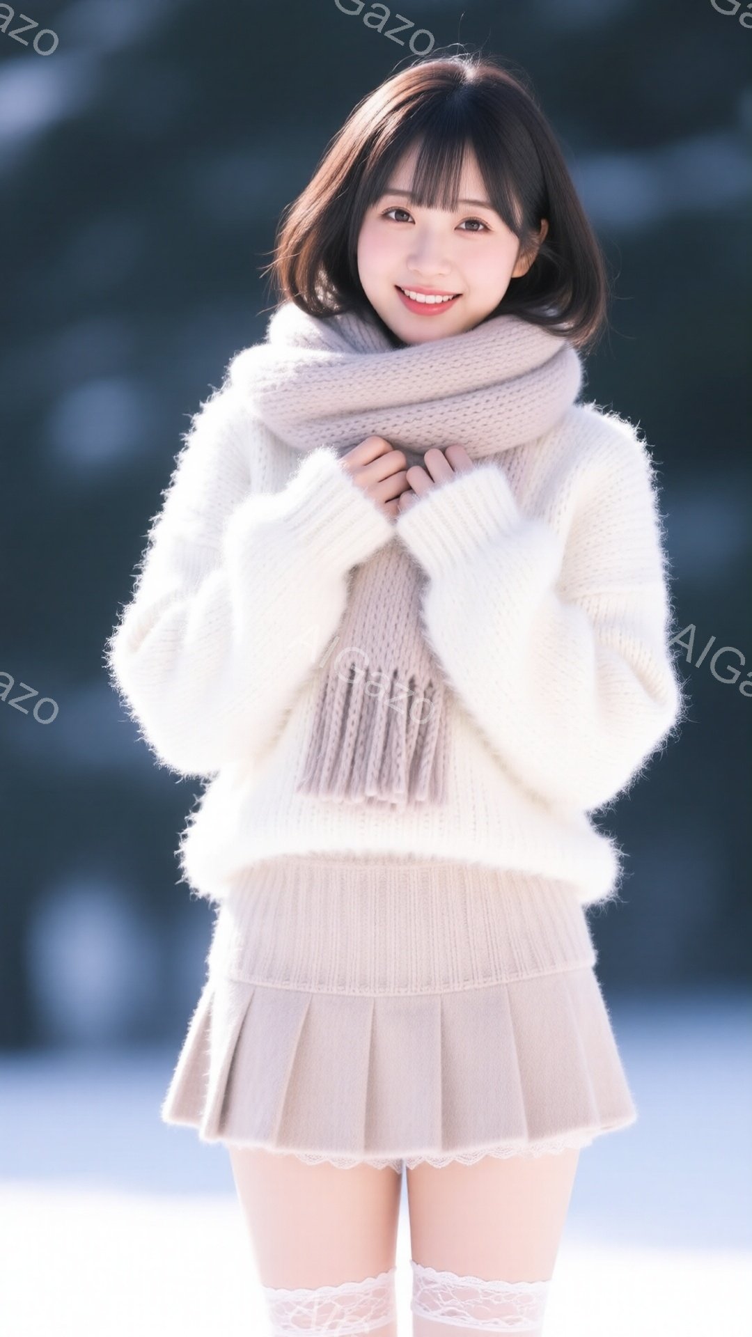 明るい茶色の髪を肩のあたりで切り揃えた女性が、オフホワイトのふわふわしたセーターと、同色のプリーツスカート、レースのついた白い靴下を身に着けています。彼女は両手を胸の前で組み、微笑んでカメラを見ており、背景にはぼやけた自然の風景が広がっています。全体的に暖かく、柔らかい雰囲気のポートレートです。