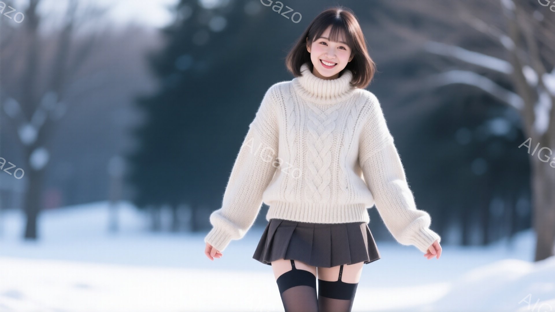 明るい笑顔の若い女性が、白いケーブルニットのセーターと黒のプリーツスカート、黒のタイツを着用して雪景色の中を歩いています。彼女は肩を少し上げて、両手を軽く上げてリラックスした姿勢で、カメラに向かって微 - AI生成フリー素材