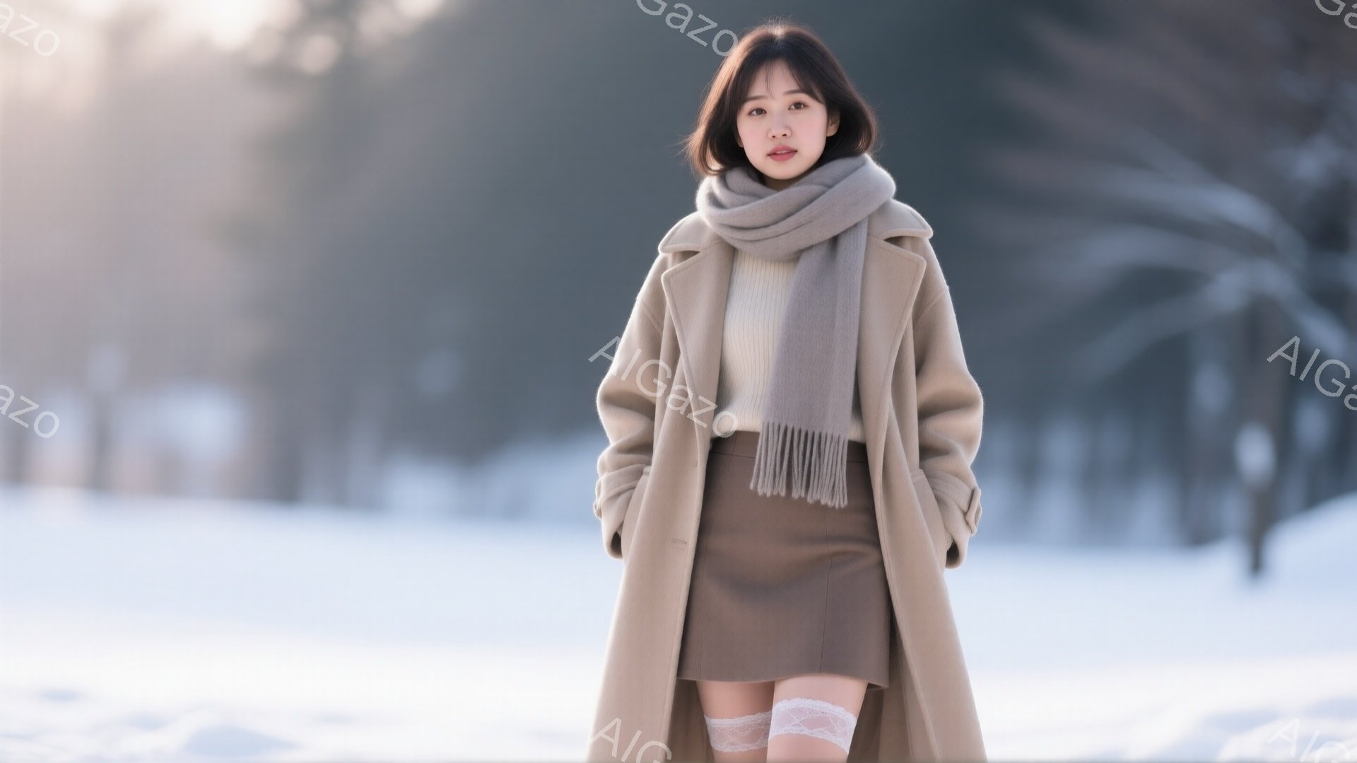 明るい茶色の長いコートとベージュのセーターを着た若い女性が、茶色のミニスカートとレースのニーハイソックスを合わせ、雪景色の中を歩いています。彼女は肩までの長さの茶髪で、穏やかな微笑みを浮かべてカメラを - AI生成フリー素材