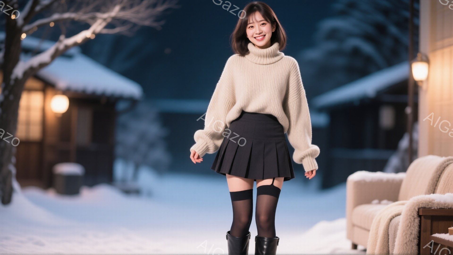 画像は、雪景色の中で、ベージュのゆったりとしたセーターと黒のプリーツスカートを身につけた若い女性を捉えています。彼女は少し微笑み、片手をわずかに上げ、リラックスした姿勢で立っています。背景には、雪に覆われた屋根の可愛らしいコテージや、暖かい光を放つランタンがあり、冬の穏やかな夜の雰囲気を作り出しています。