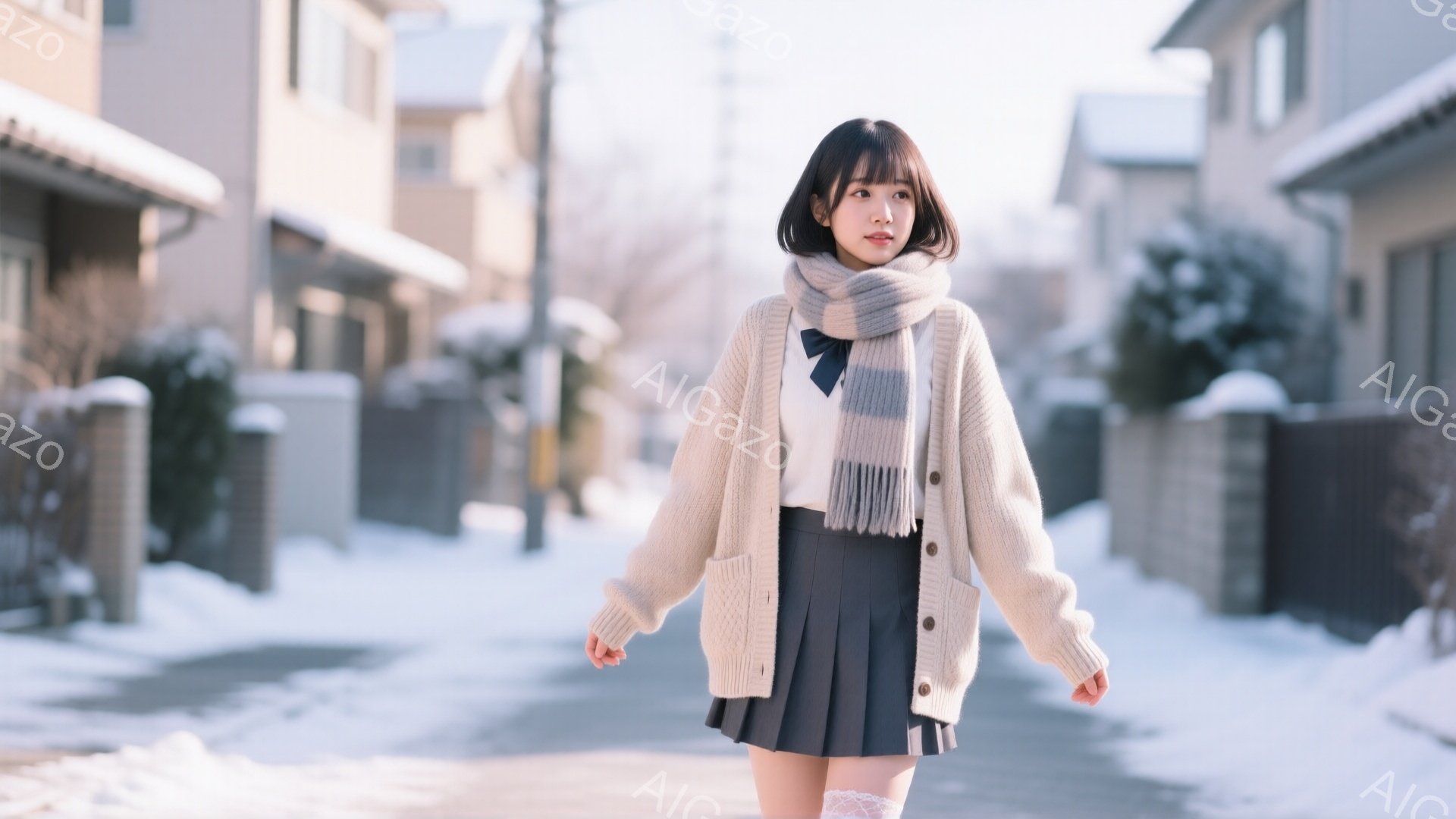 茶髪のショートボブヘアの女性が、冬の住宅街を歩いている。白いセーターにグレーのカーディガン、チェックのネクタイ、プリーツスカート、白のニーハイソックスを着用し、おしゃれな学生風の装いをしている。背景には雪が積もった家々が並び、日差しが柔らかく、穏やかな冬の雰囲気が漂っている。