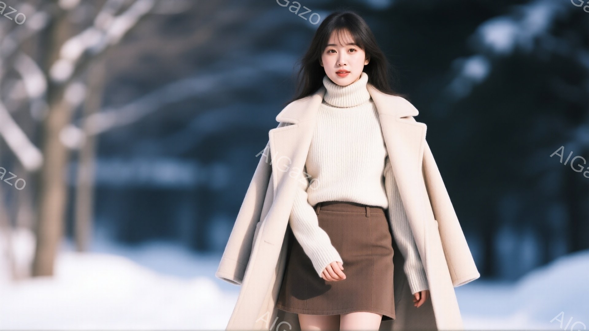 長い黒髪を無造作に垂らし、ベージュのオーバーサイズニットとブラウンのミニスカートを合わせた女性が写っている。彼女はオフホワイトのコートを羽織り、わずかに微笑んでいる。背景は雪景色で、木々がぼんやりと見 - AI生成フリー素材