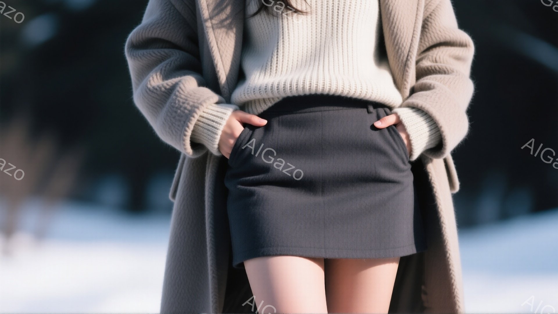 モデルは、クリーム色のゆったりとしたニットセーターと、ダークグレーのミニスカートを着用し、ベージュ色のオーバーコートを羽織っています。彼女は両手をポケットに突っ込み、リラックスした姿勢で立っており、背景にはぼやけた自然の風景が広がっています。全体的に、落ち着いた色合いと自然の背景が、穏やかで洗練された雰囲気を醸し出しています。