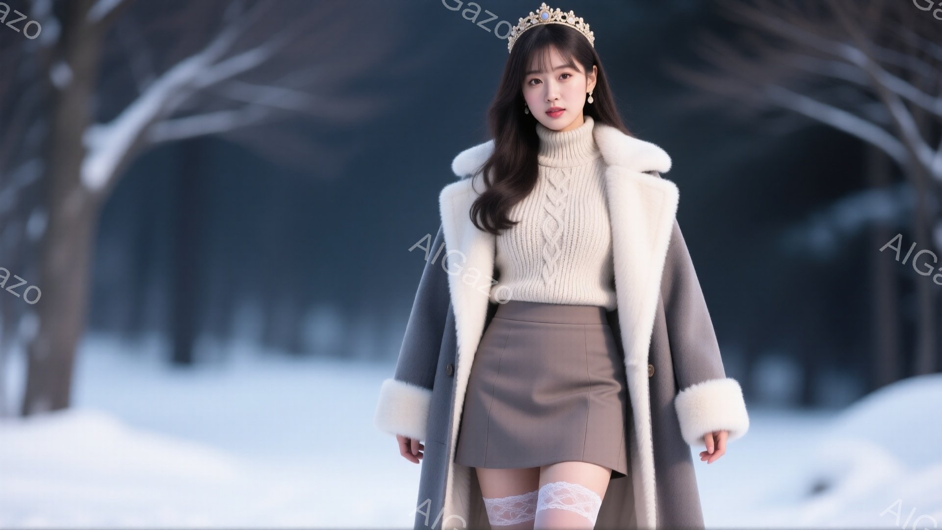 長い茶色の髪はゆるくウェーブがかかり、頭には繊細なティアラが輝いています。女性はオフホワイトのケーブルニットセーターに、グレーの毛皮の襟付きコートとミニスカートを合わせ、白いレースのソックスとハイヒールを履いています。背景は雪に覆われた景色で、木々がシルエットとして見え、冬の静かで幻想的な雰囲気を醸し出しています。