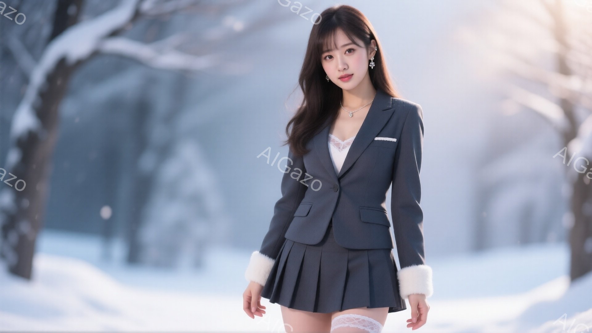 長いダークブラウンの髪は肩にかかり、顔には微笑みが浮かんでいます。グレーのスーツジャケットとプリーツミニスカート、白いインナー、そしてファーのトリミングが特徴的な服装をしています。背景は雪景色で、木々 - AI生成フリー素材