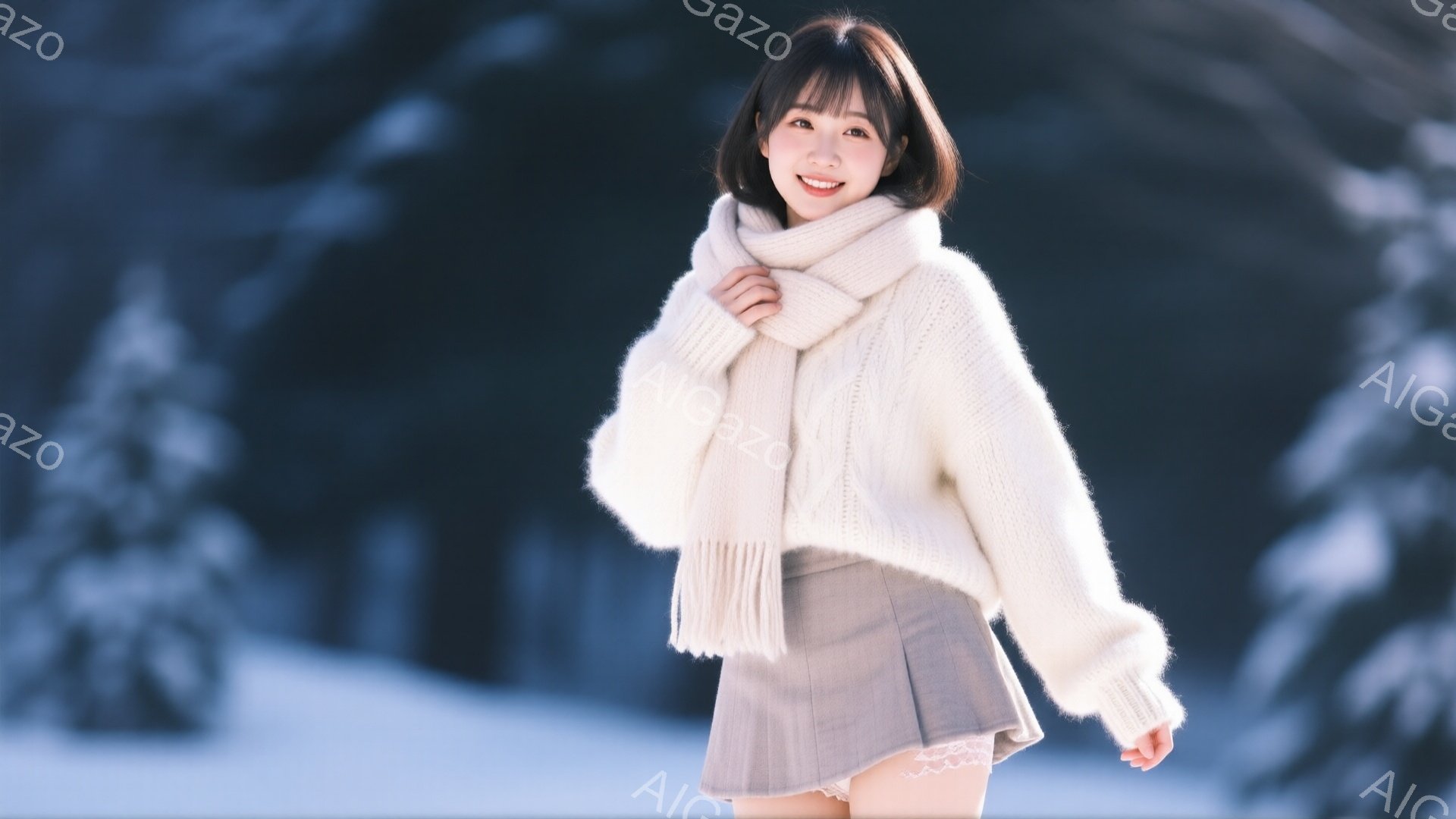 若い女性が雪景色の中で微笑んでいます。オフホワイトのモコモコとしたセーターと、淡いベージュのプリーツスカートを着用し、首に同じ色のマフラーを巻いています。背景にはぼやけた雪景色と、暗い緑の木々が見え、 - AI生成フリー素材
