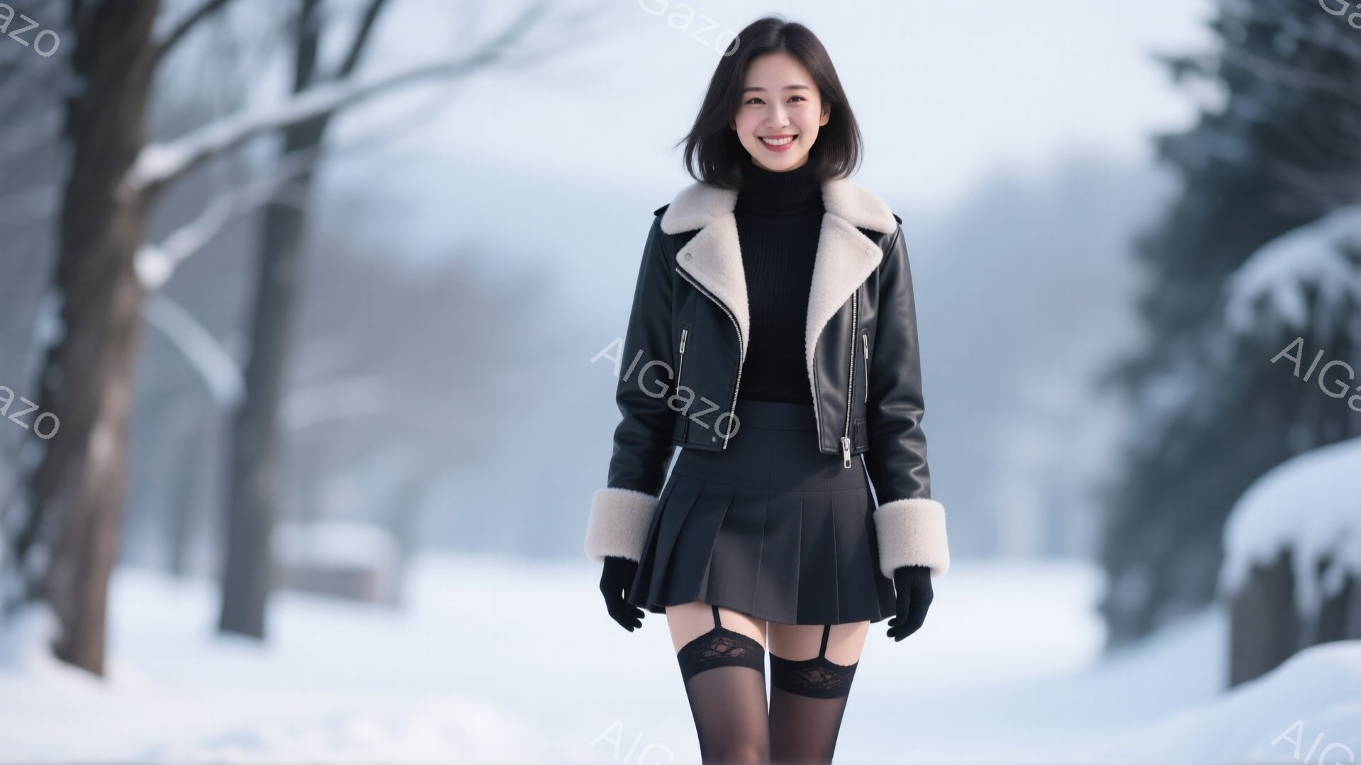 若い女性が雪景色の中で立っています。彼女は黒いタートルネックセーター、毛皮の襟付きの黒いレザージャケット、プリーツのミニスカート、黒いタイツ、黒い手袋を身に着けています。背景には雪に覆われた木々とぼや - AI生成フリー素材