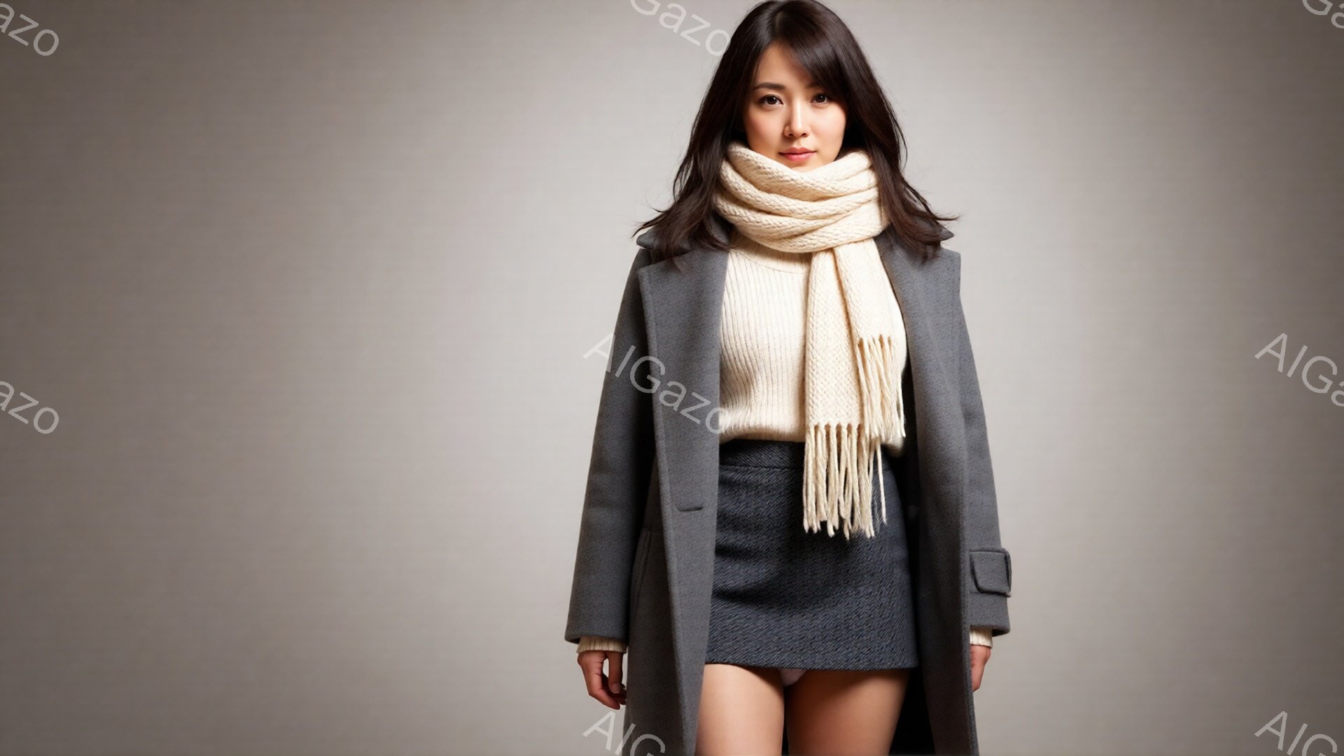 長いグレーのコートを羽織った女性が写っています。オフホワイトのニットセーターとグレーのミニスカートを着用し、首にはボリュームのあるオフホワイトのショールが巻かれています。女性は正面を見据え、わずかに微笑んでおり、姿勢はまっすぐで自信に満ちています。