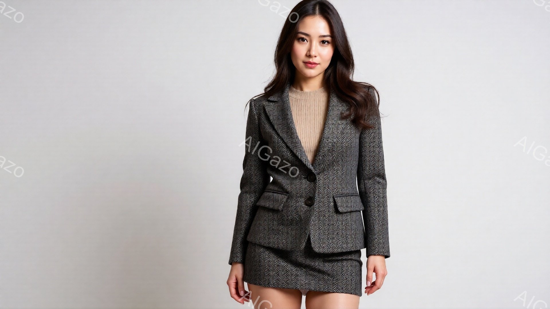 画像は、グレーのヘリンボーン柄のスーツを着た女性が写っています。彼女は肩を少し落とした立ち姿で、明るい表情でカメラを見つめています。背景は白で、女性が際立っています。